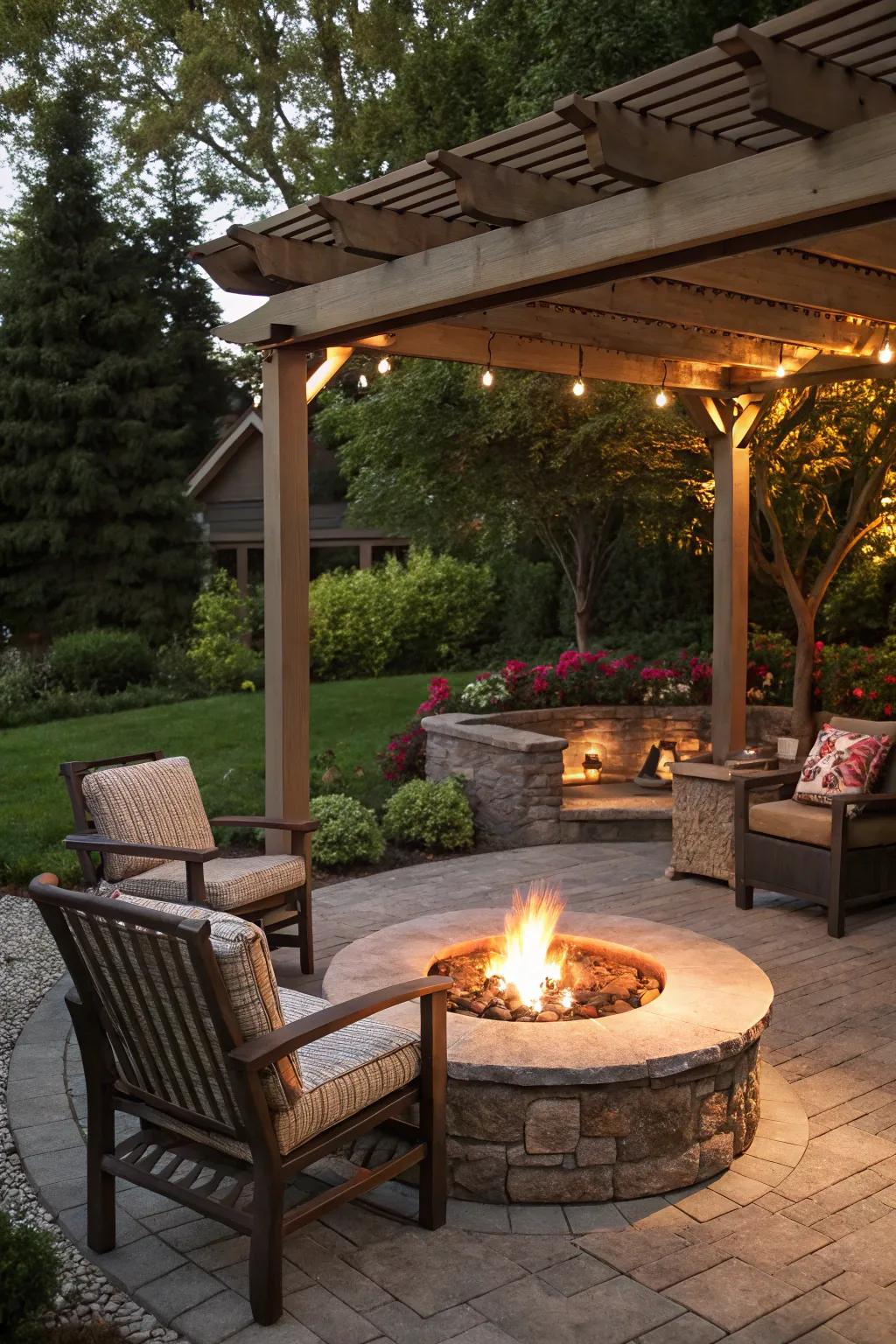 A hearth element offers warmth and a cozy atmosphere, perfect for social get-togethers.