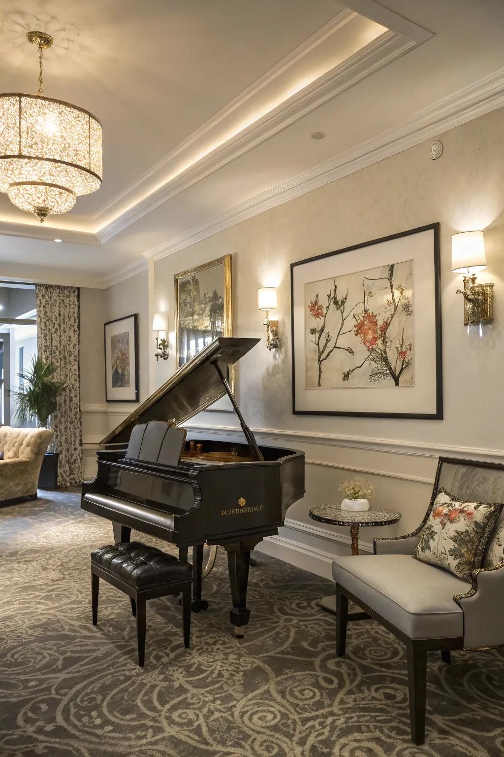 Wall art adds personality and turns the piano room into a gallery.