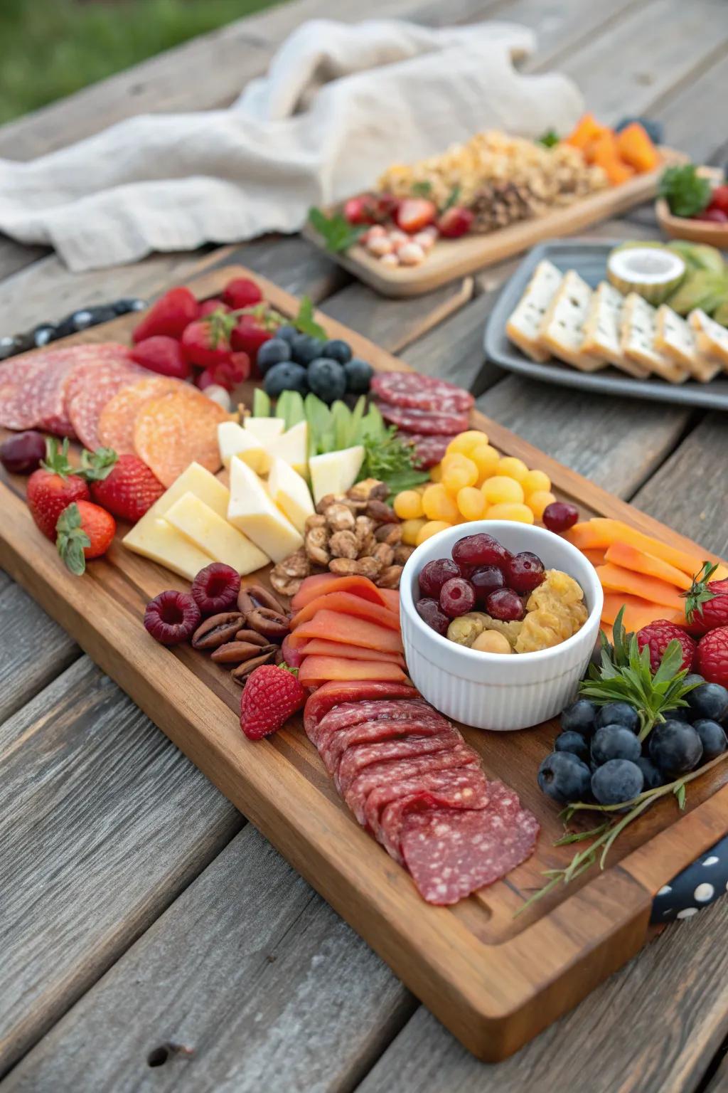 A thoughtfully arranged charcuterie board enriches the picnic adventure.