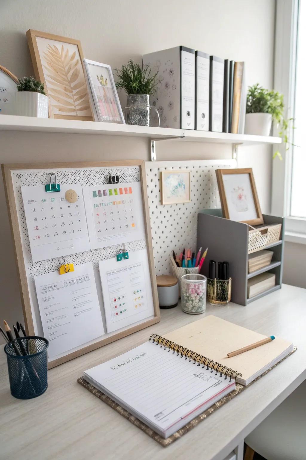 A display ledge in a workspace keeps inspiration easily accessible.