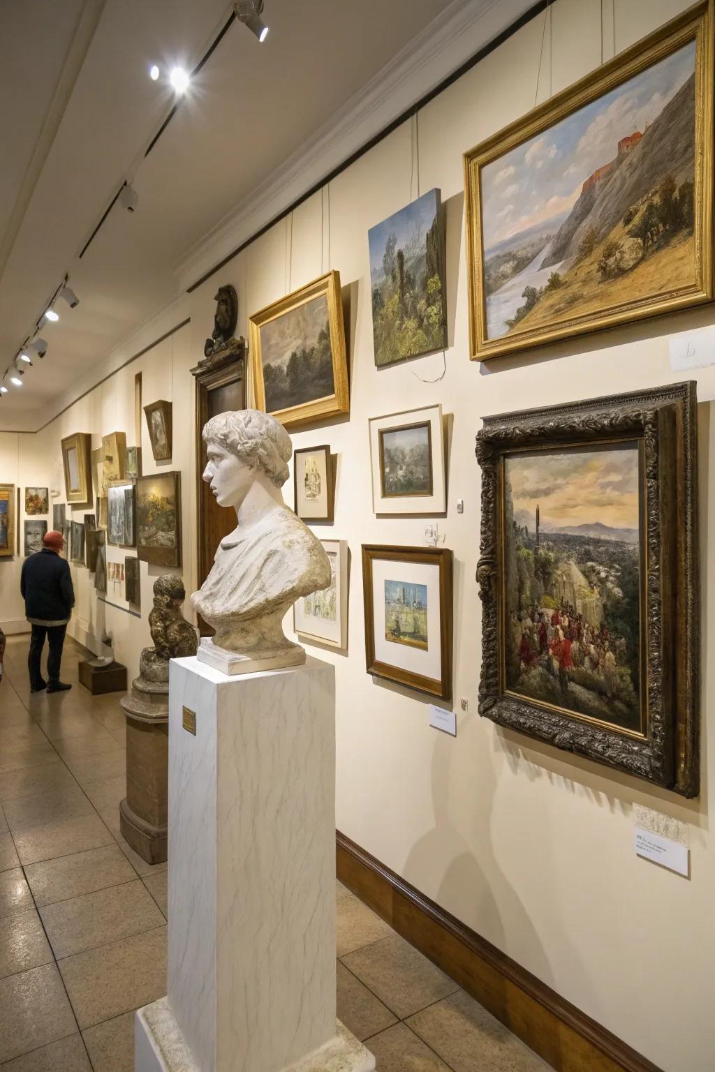 Gallery-style picture wall with a mix of art.