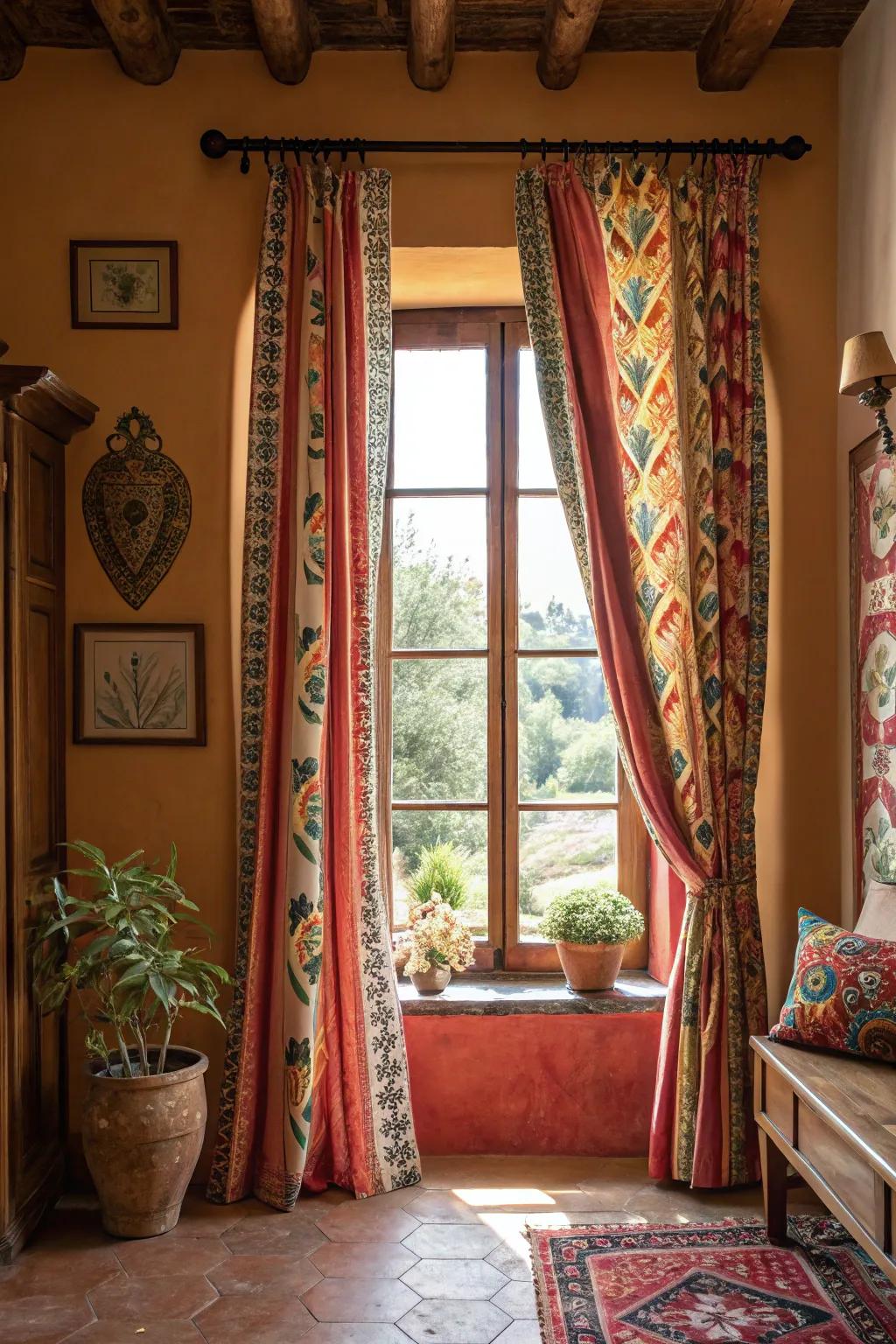 Striking patterned drapes that make a bold statement on a bay window within an energetic setting.