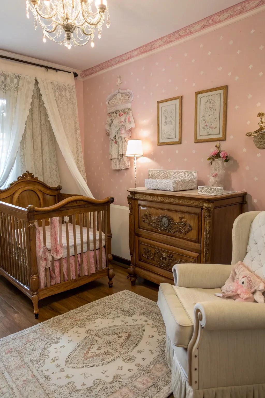A nursery concept that mixes classic charm with a pink accent wall.