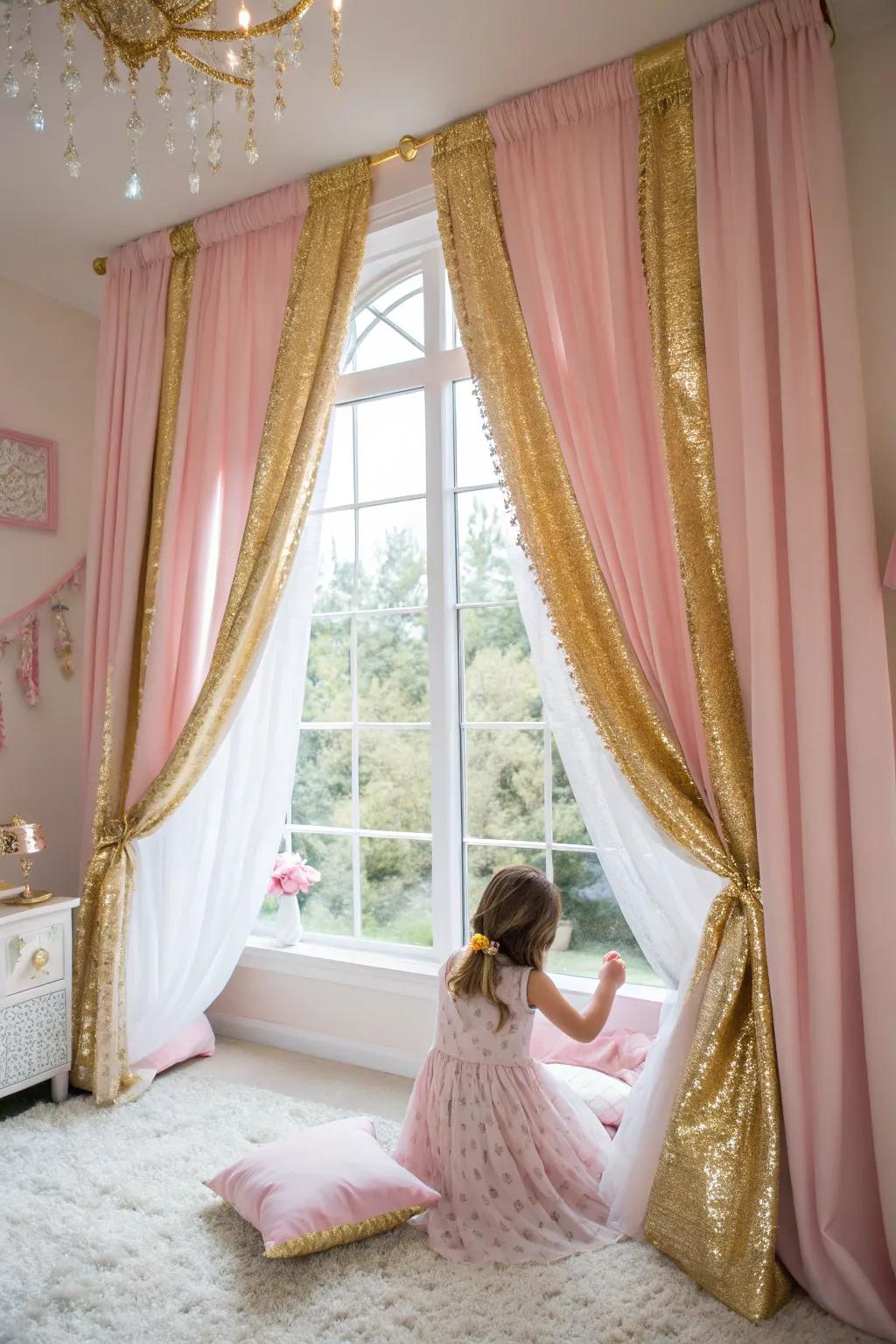 Drapes in gold and pink stylishly adorn the windows.