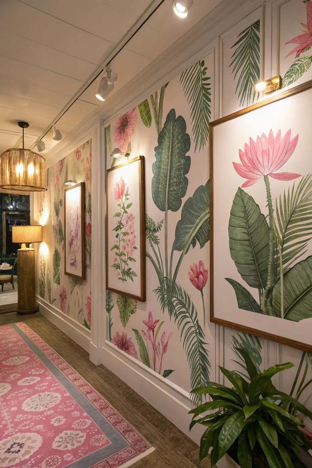 Art inspired by nature featuring rose and verdant floral prints enhances the decor.