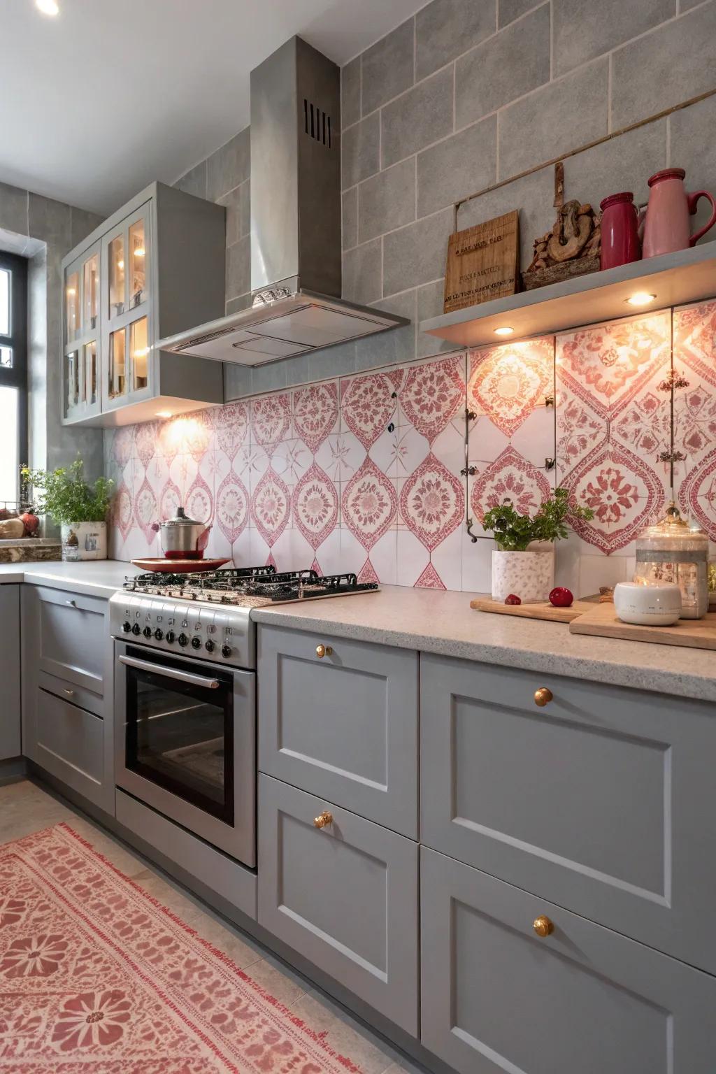 Grey walls offset by ornamental rose tiles give a fresh vibe.