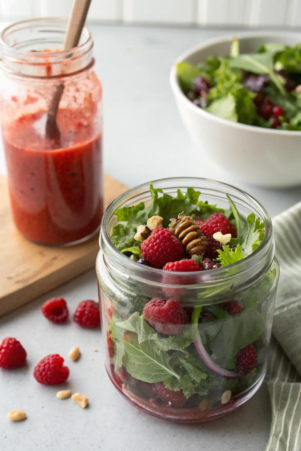 Raspberry dressing incorporates a fruity twist into your creation.