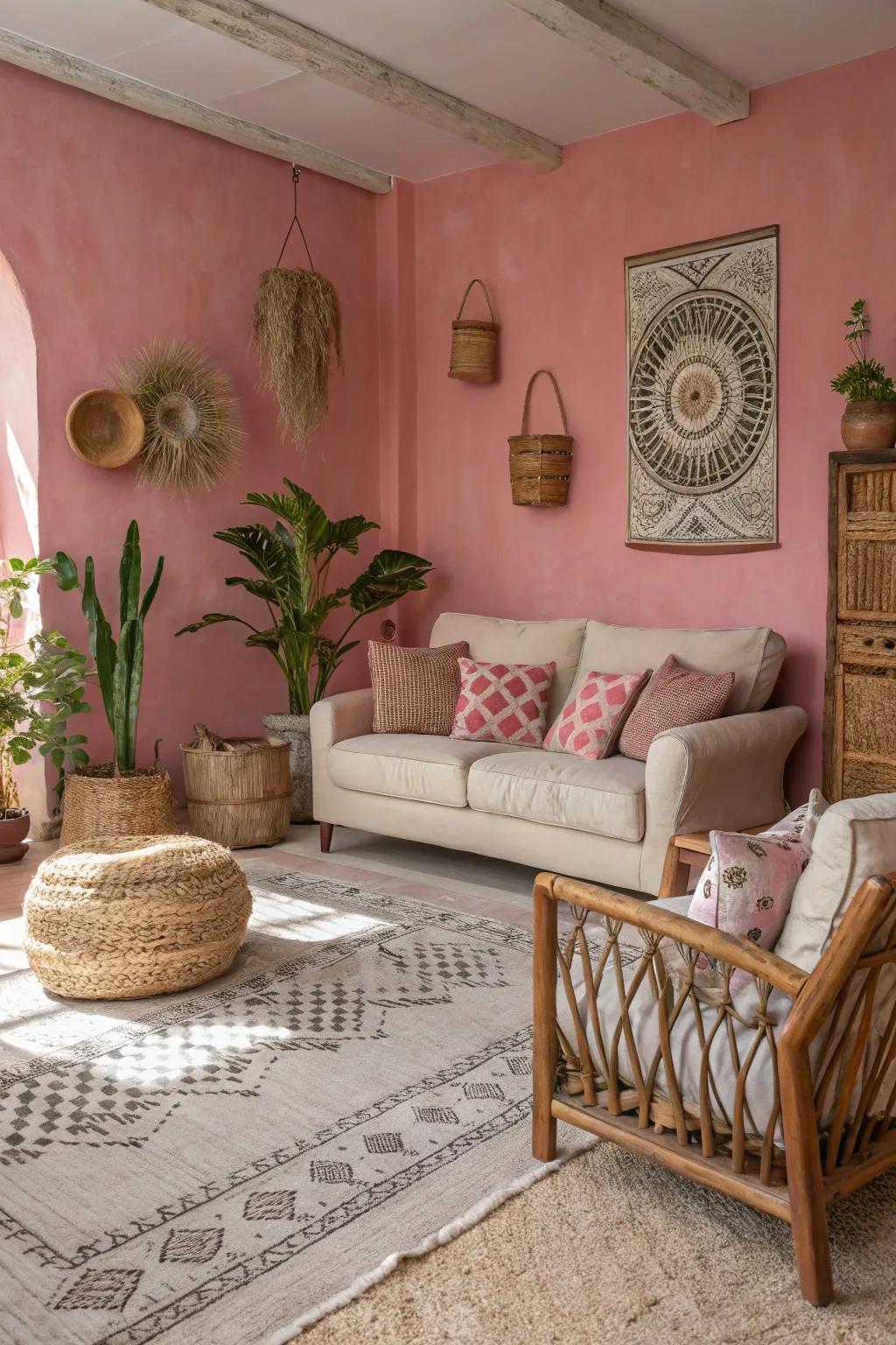 Earth-inspired tones balance the vibrancy of rose for a grounded visual.