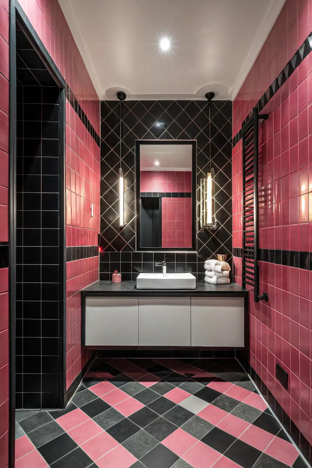 A striking juxtaposition of rose and charcoal tiling in an impressive bathroom design.