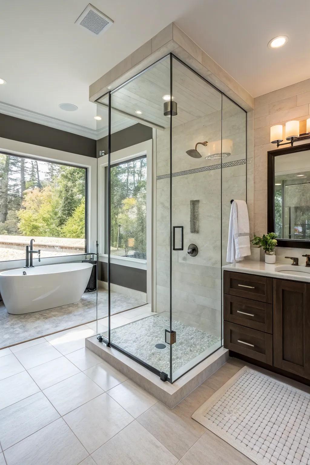 Expansive showers amplify space and sophistication within bathrooms.