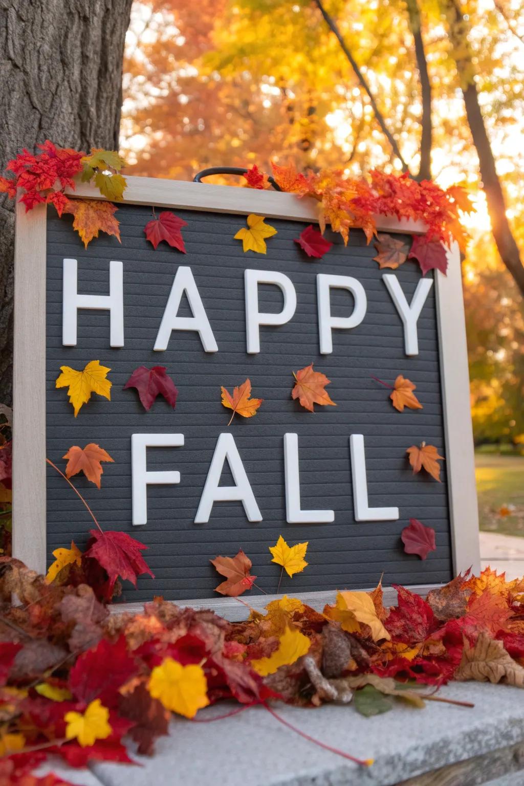 A welcoming fall pin board with cheerful phrases and vibrant colors.