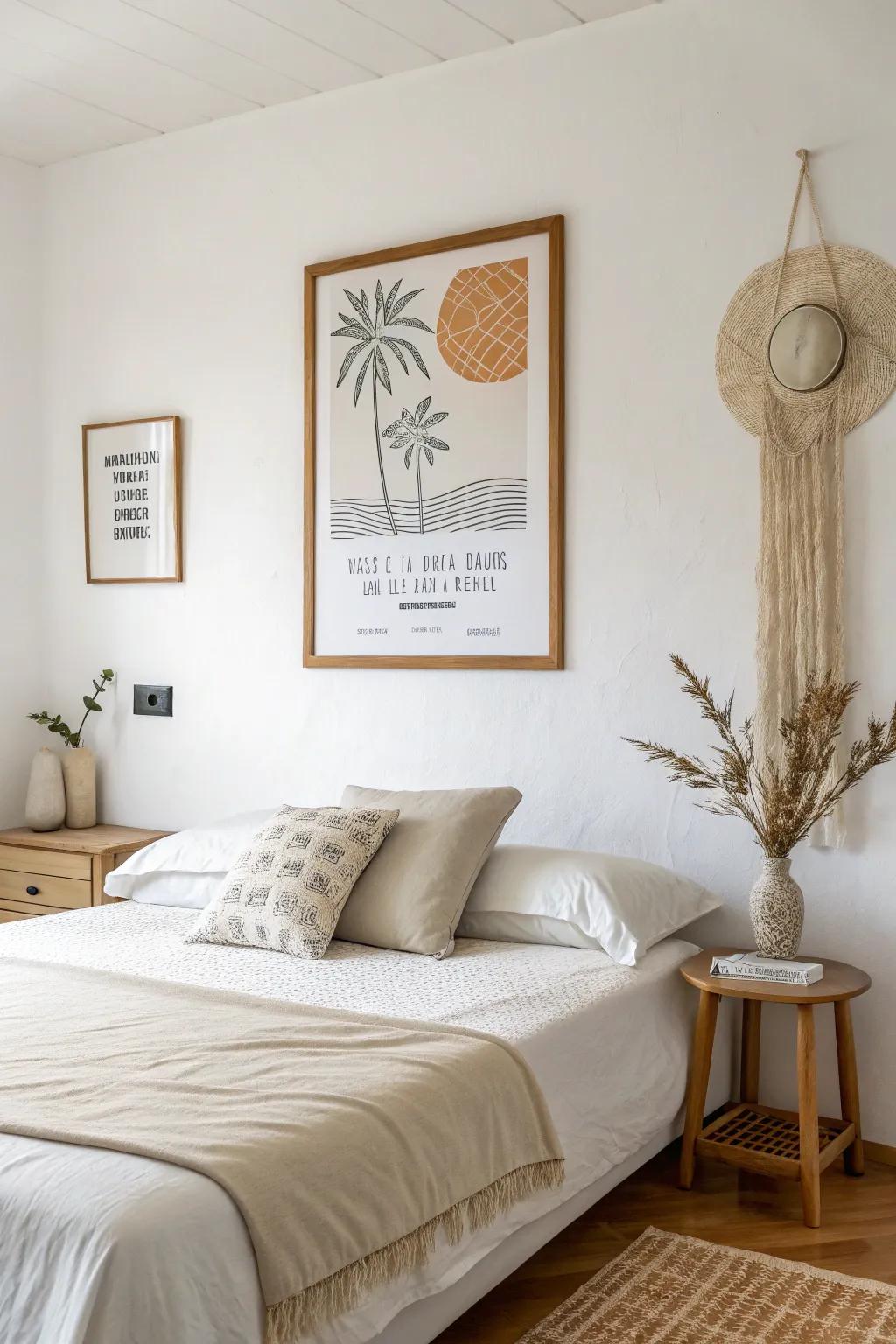 A minimalist design print inducing a tranquil impact within a serene bedroom setting.