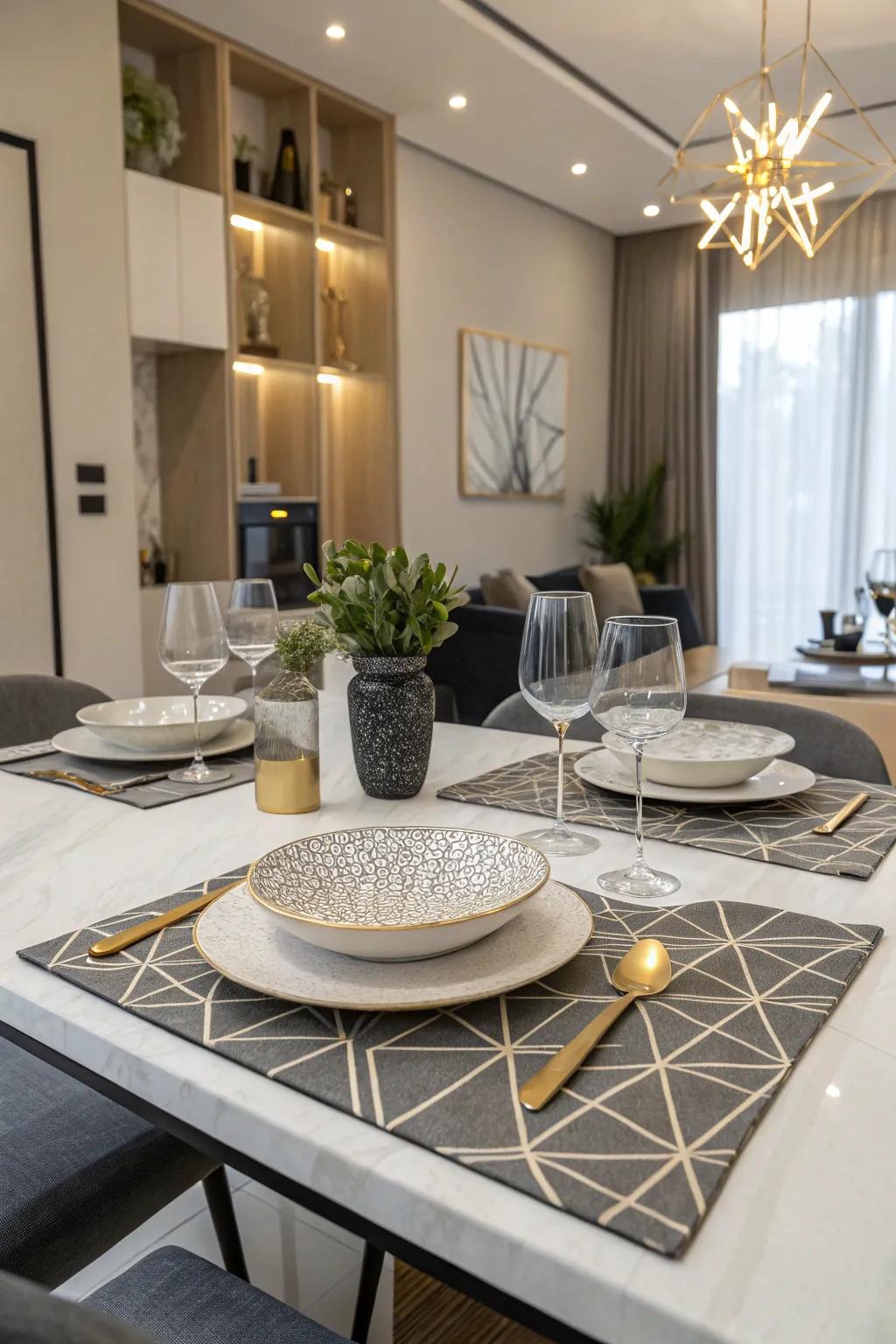 Geometric placemats introduce a contemporary flair to your dining aesthetic.