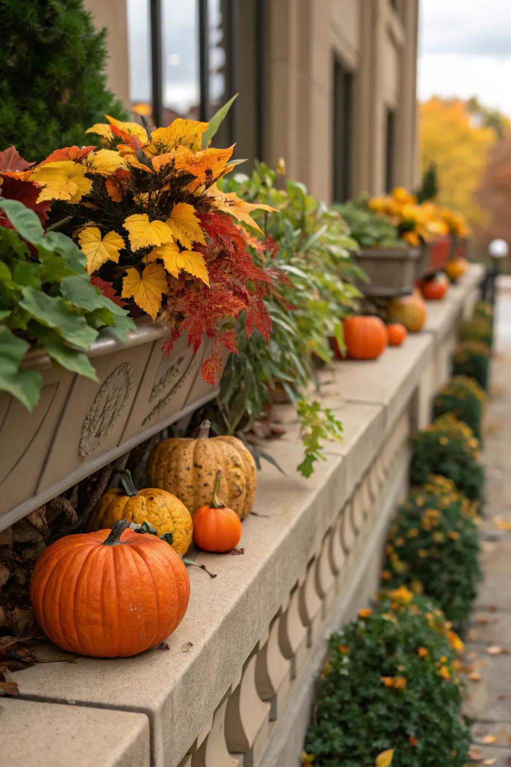 Festive elements like pumpkins give this plant ledge a seasonal flair.