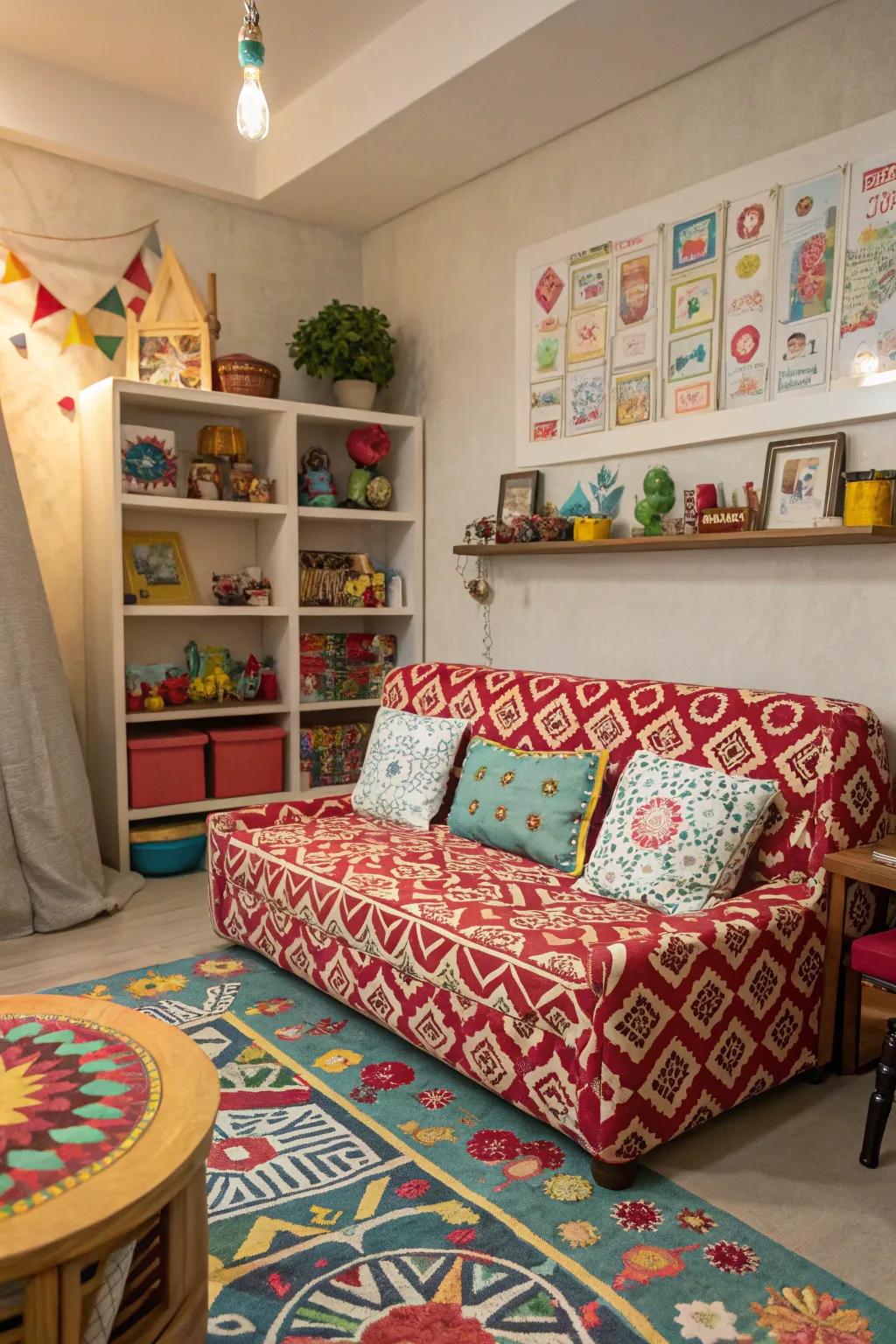 An elegant playroom showcasing a settee featuring vibrant patterned covering.