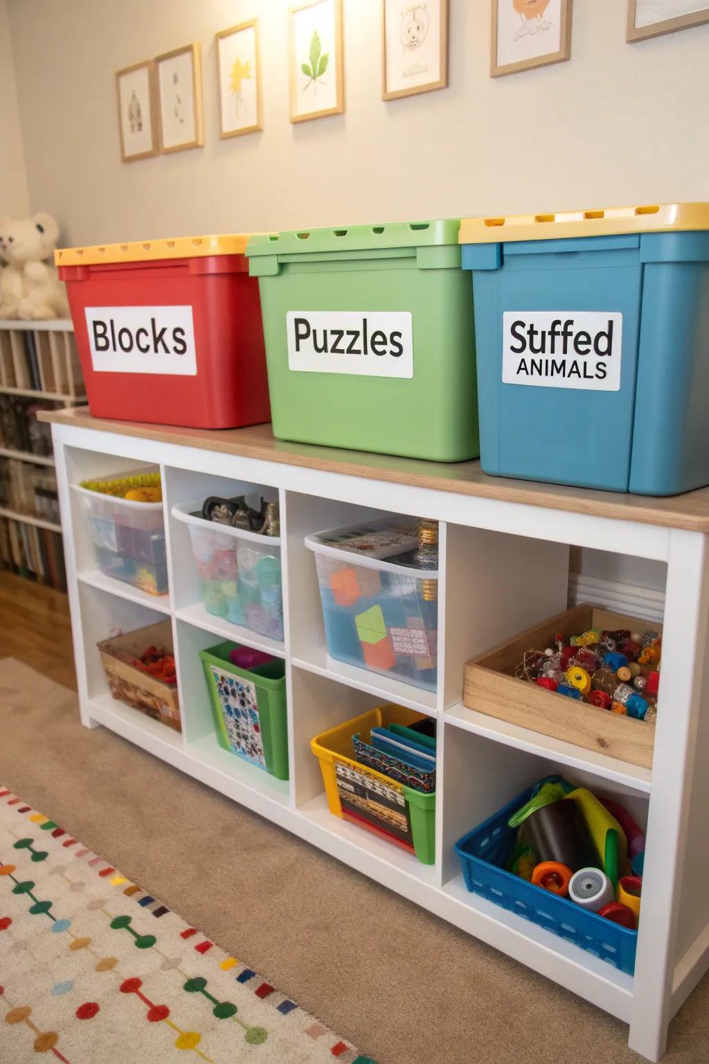 Playroom containers featuring transparent labels, ensuring every item has its designated spot.