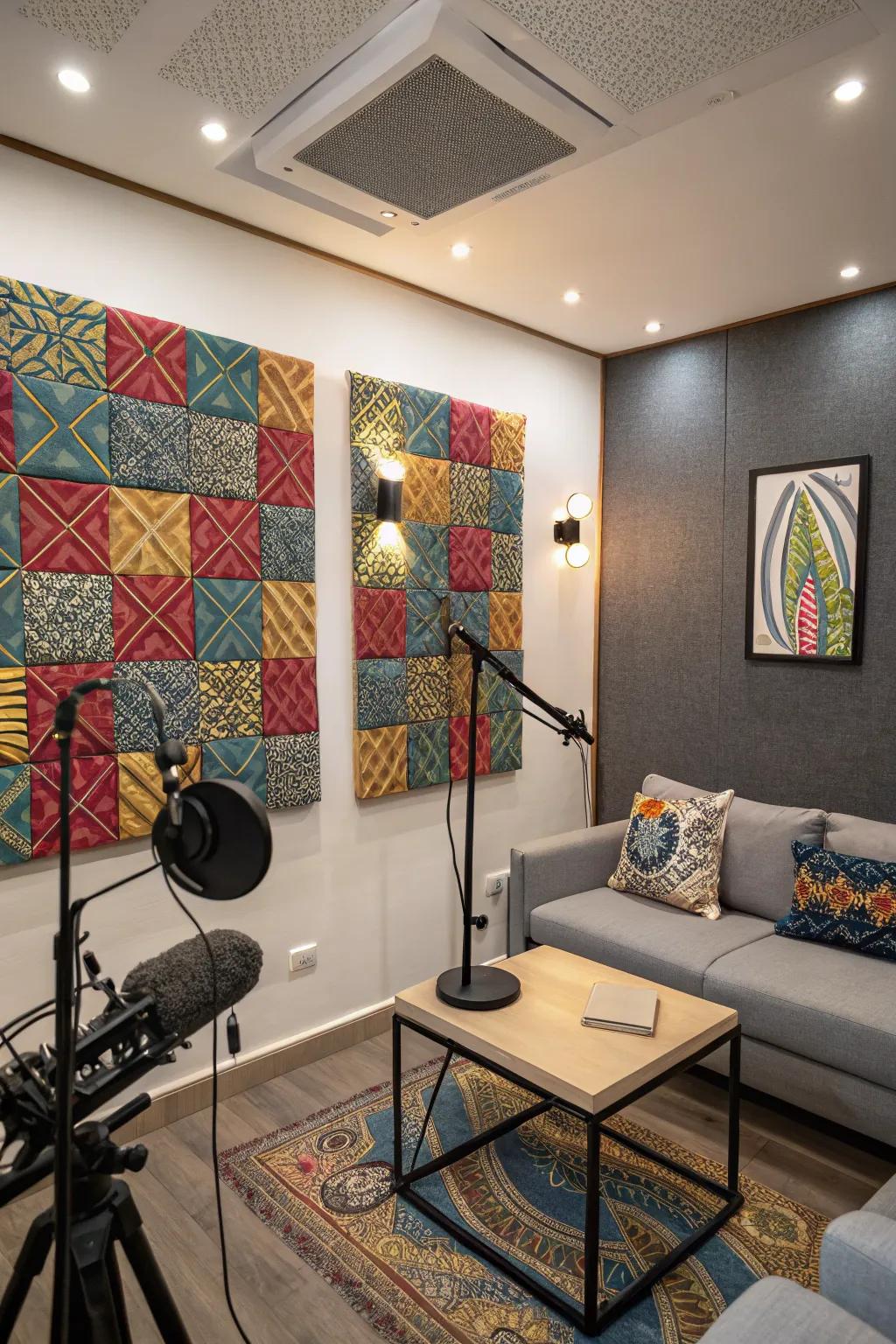 A podcast studio with designer sound panels.