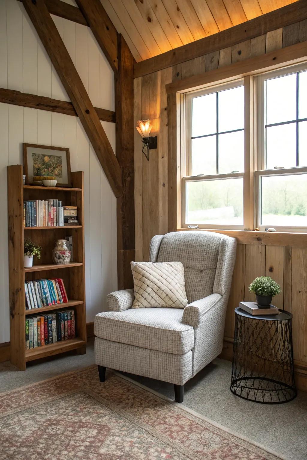 A quiet corner in a pole barn with a comfortable chair and bookshelf.