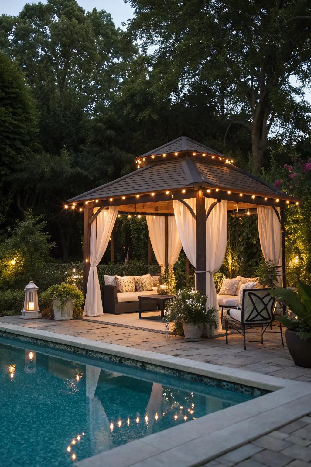 Overhead lighting in a veranda creates a cozy gathering spot by the pool.