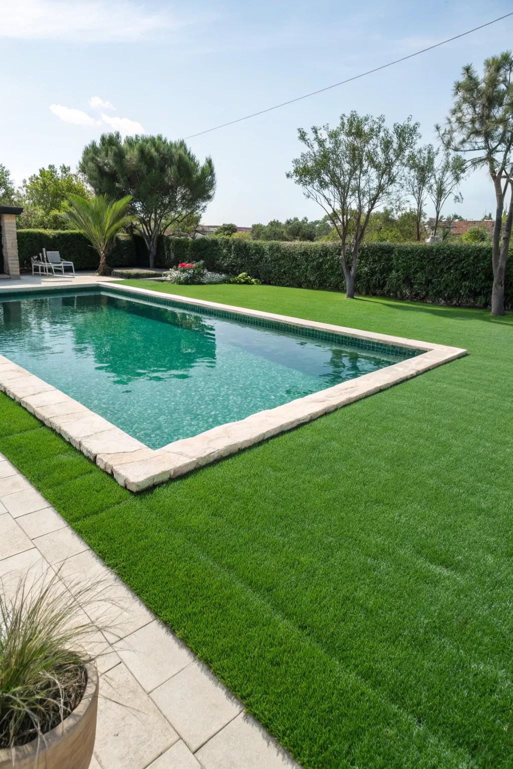Artificial turf provides a low-maintenance green option for pool decks.