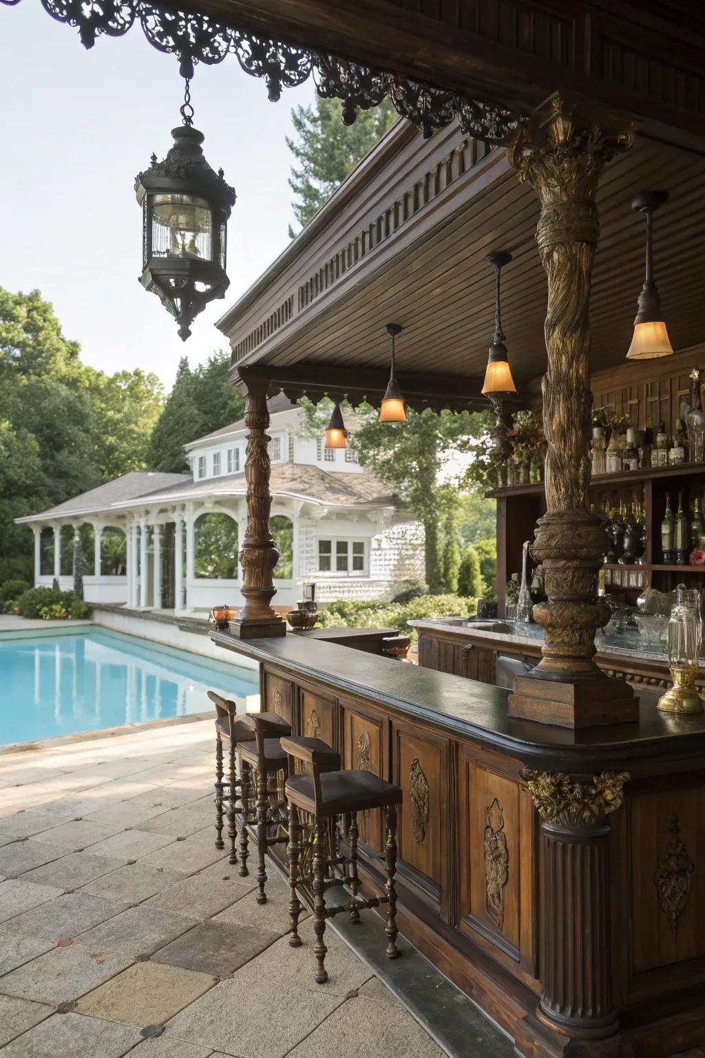Antique décor brings a nostalgic feel to your poolside bar.