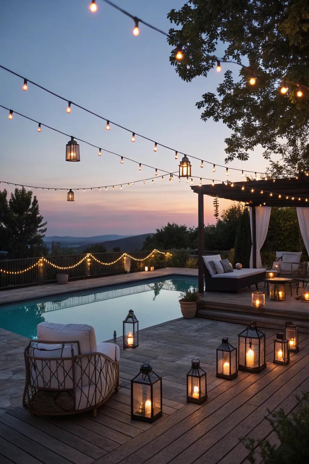 Atmospheric lighting can make your pool patio feel magical as night falls.