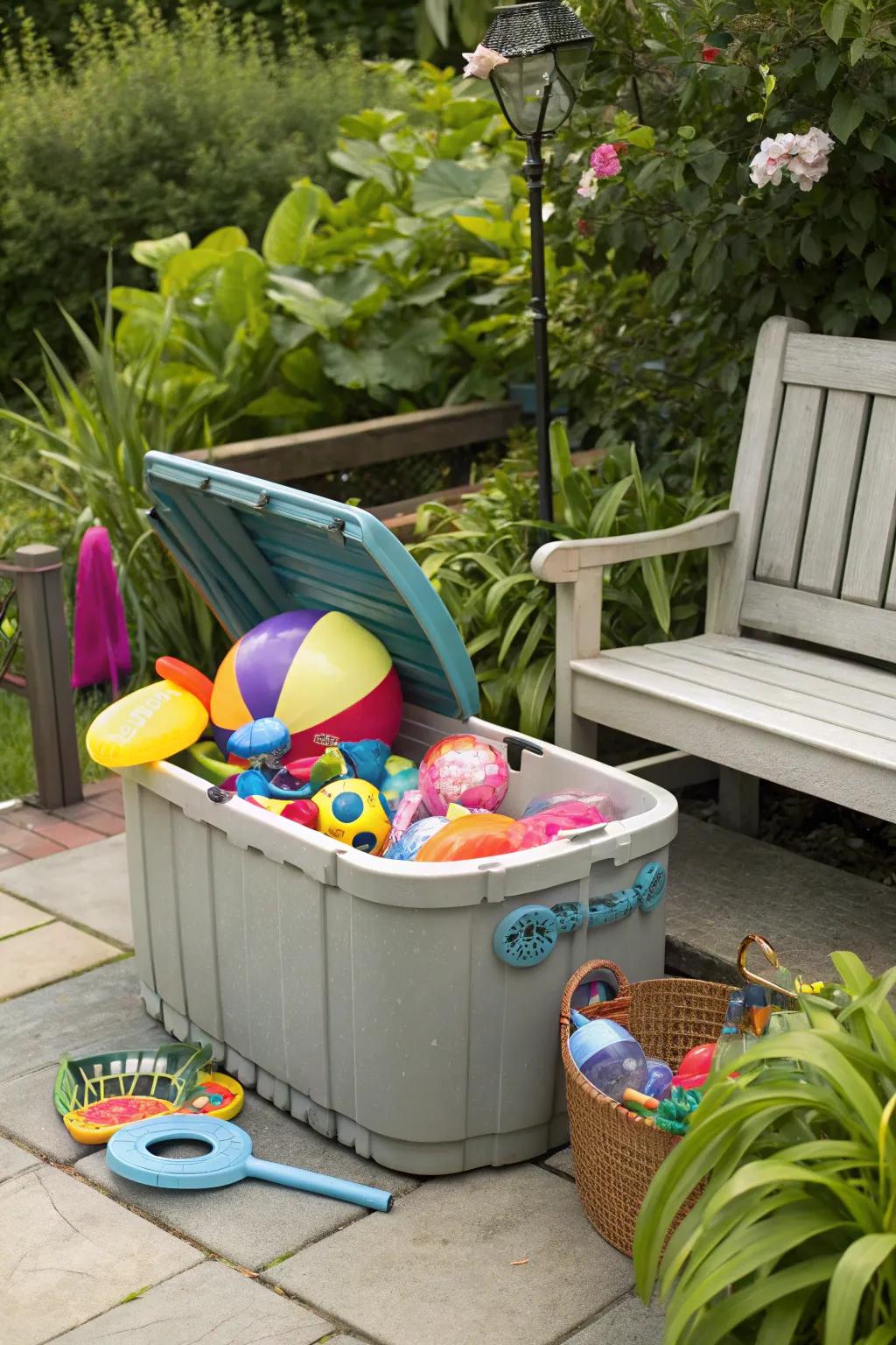 Toy bins keep bulky pool items neatly stowed.