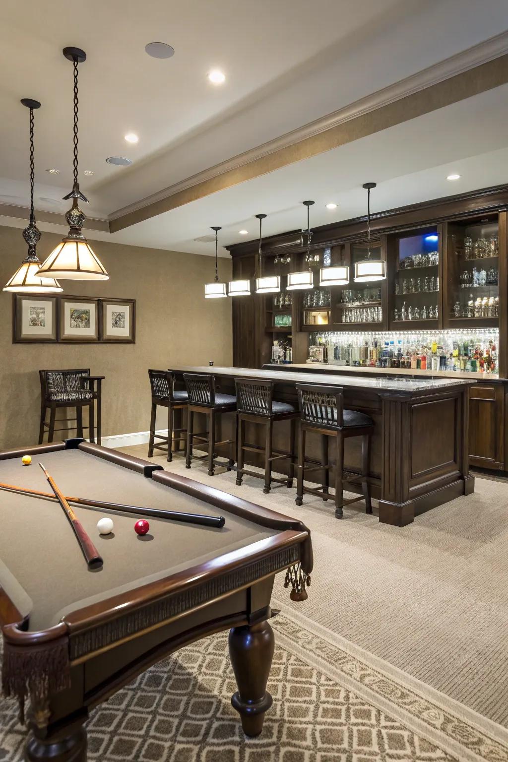 A bar setup can enhance the social aspect of your pool table space.