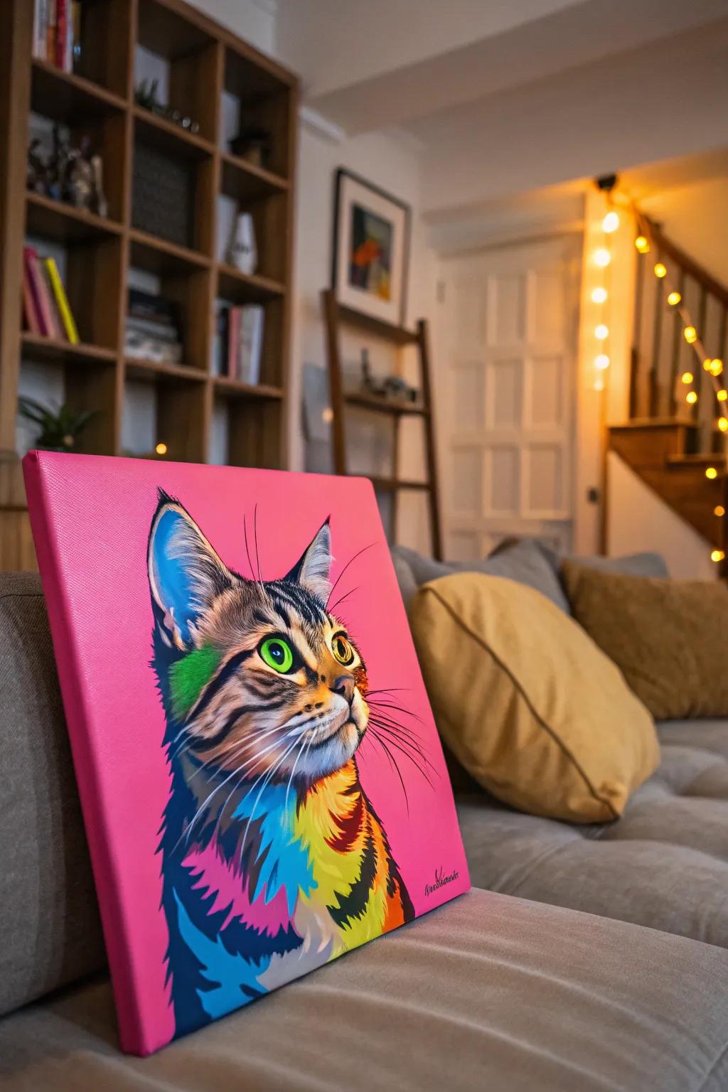 A playful pop art painting of a cat set against a bright background.