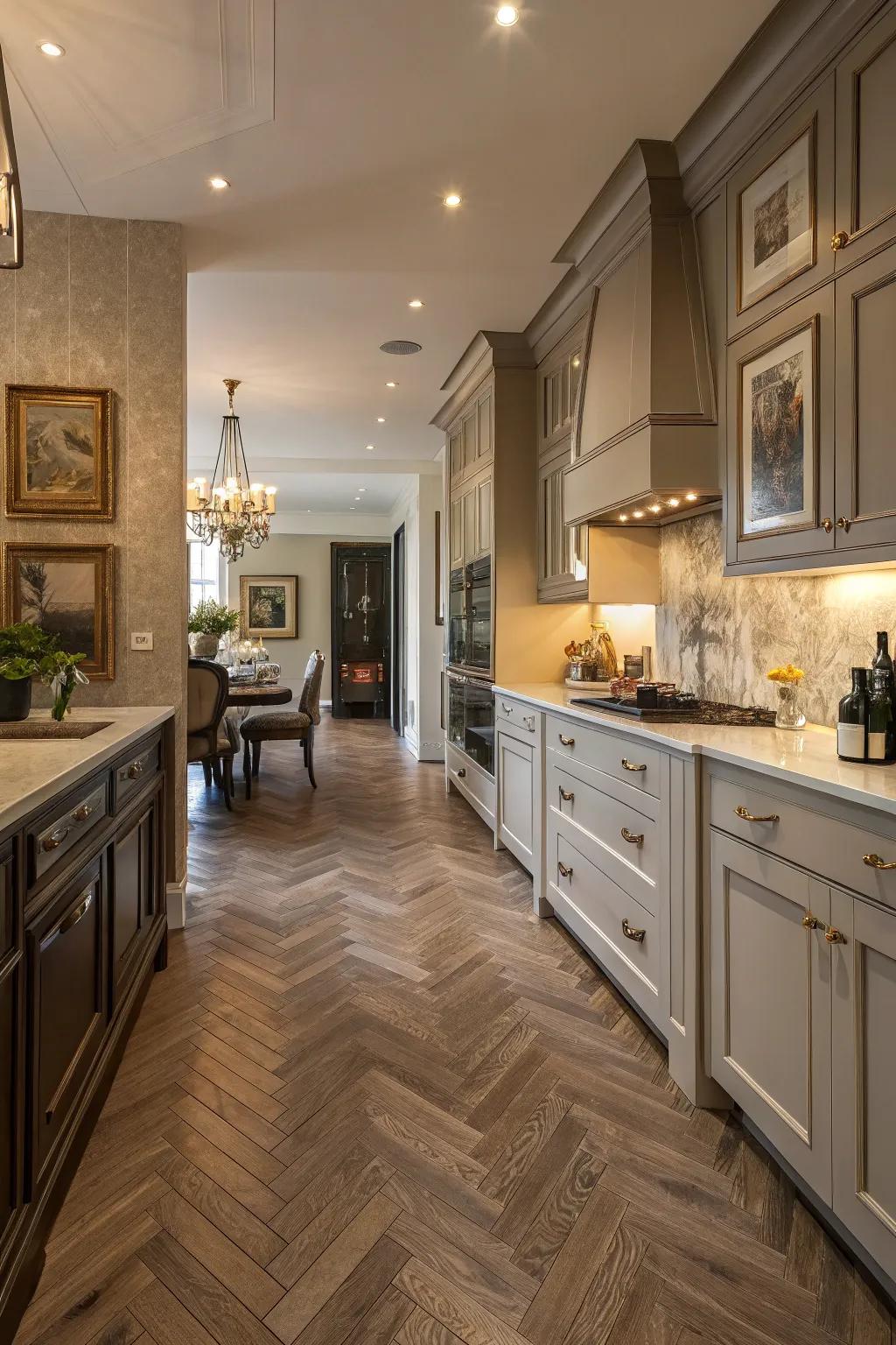 Parquet patterns contribute refinement and visual fascination to kitchen floors.
