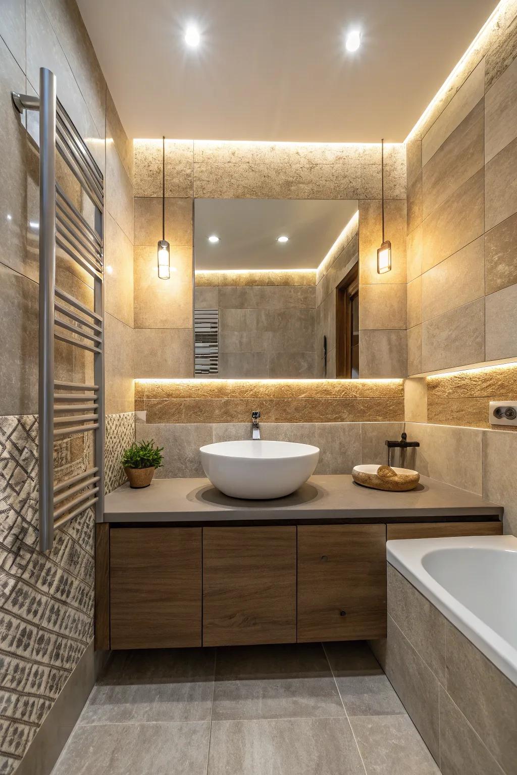 An interplay of textures contributes profundity and elegance to this contemporary bathroom.