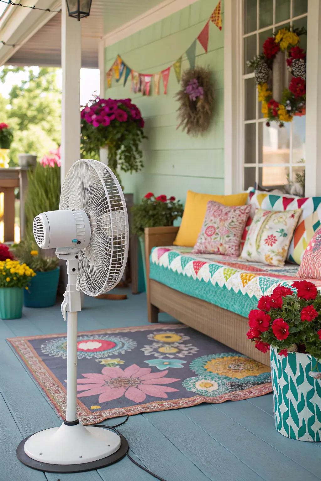 A portable standing fan offers adaptable cooling on this vibrant porch.