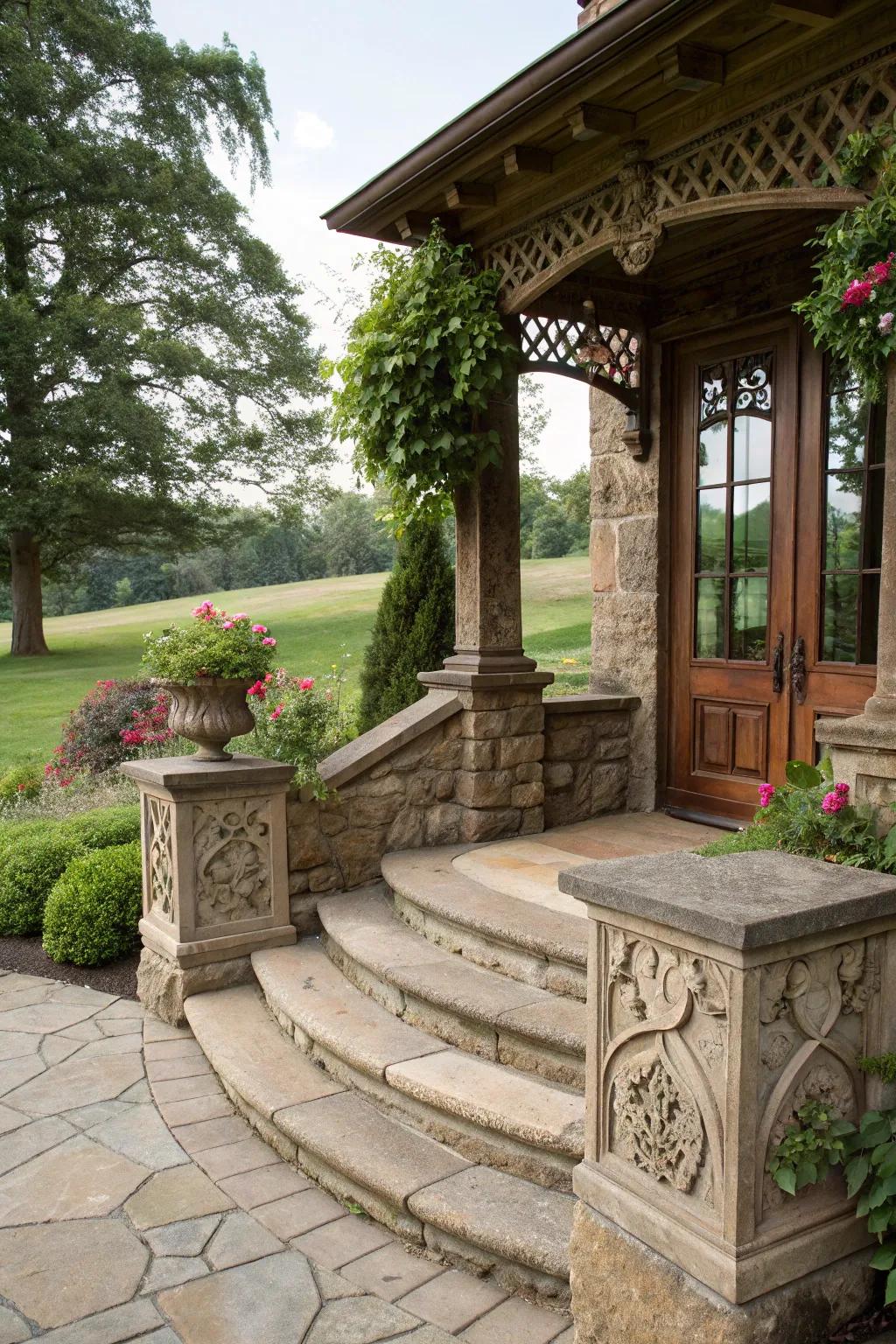 Timeless sophistication featuring stonework and steps.