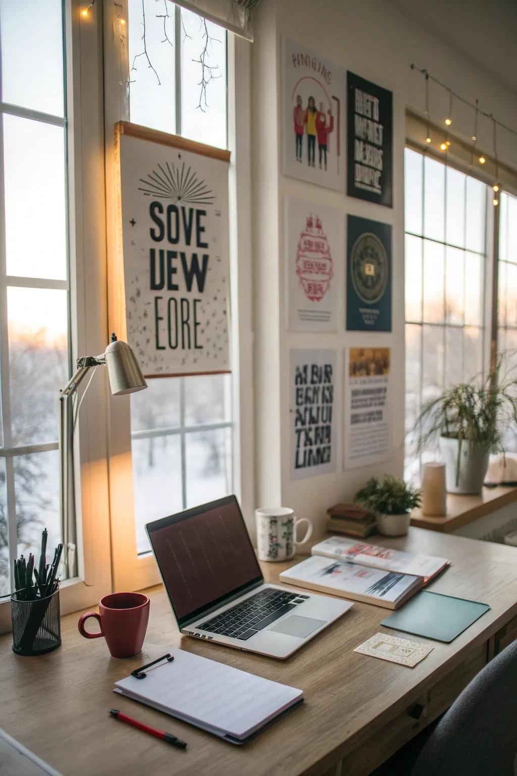 A home office that includes posters featuring inspirational quotes.