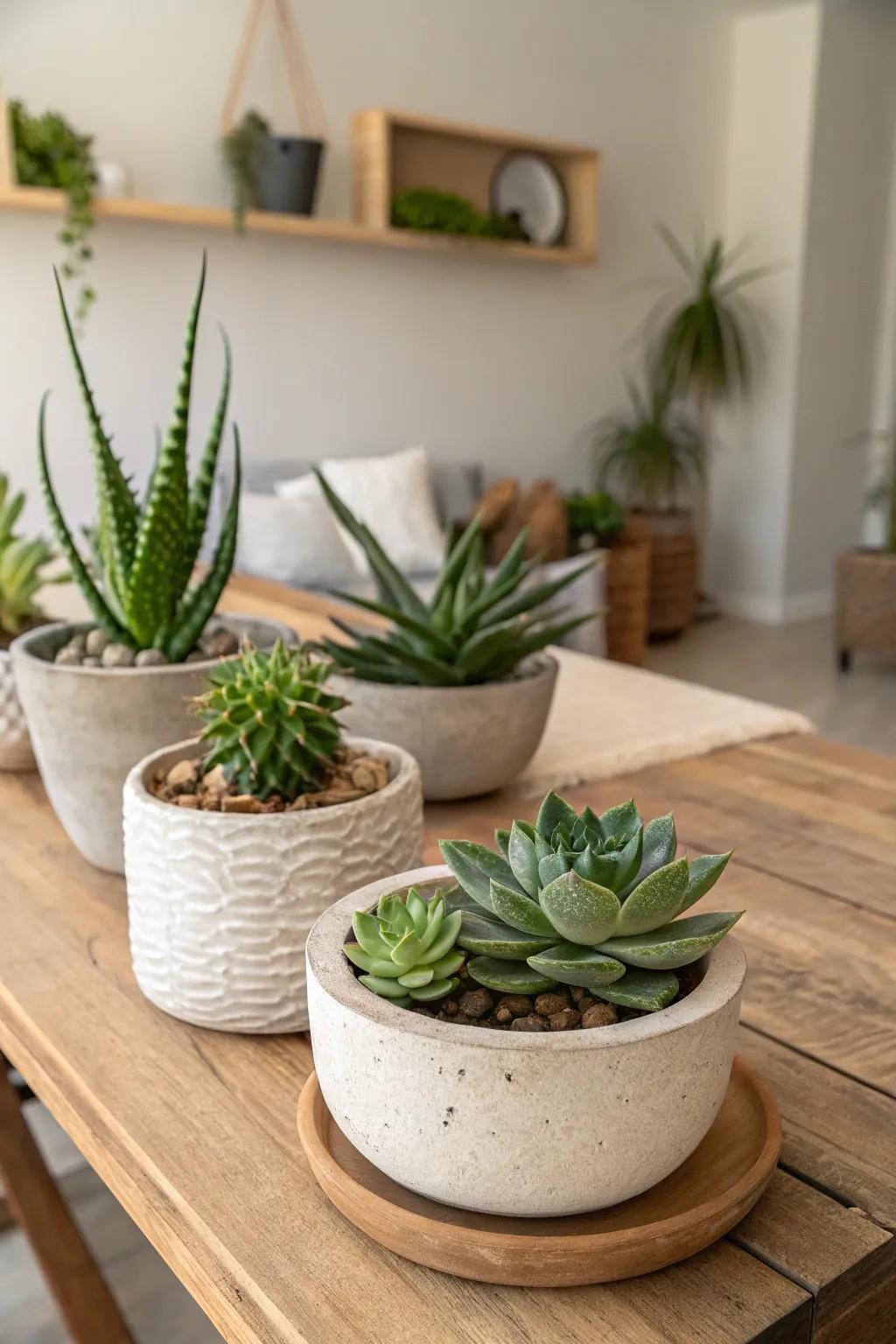Pottery employed as seedling pots featuring succulents for a natural element.