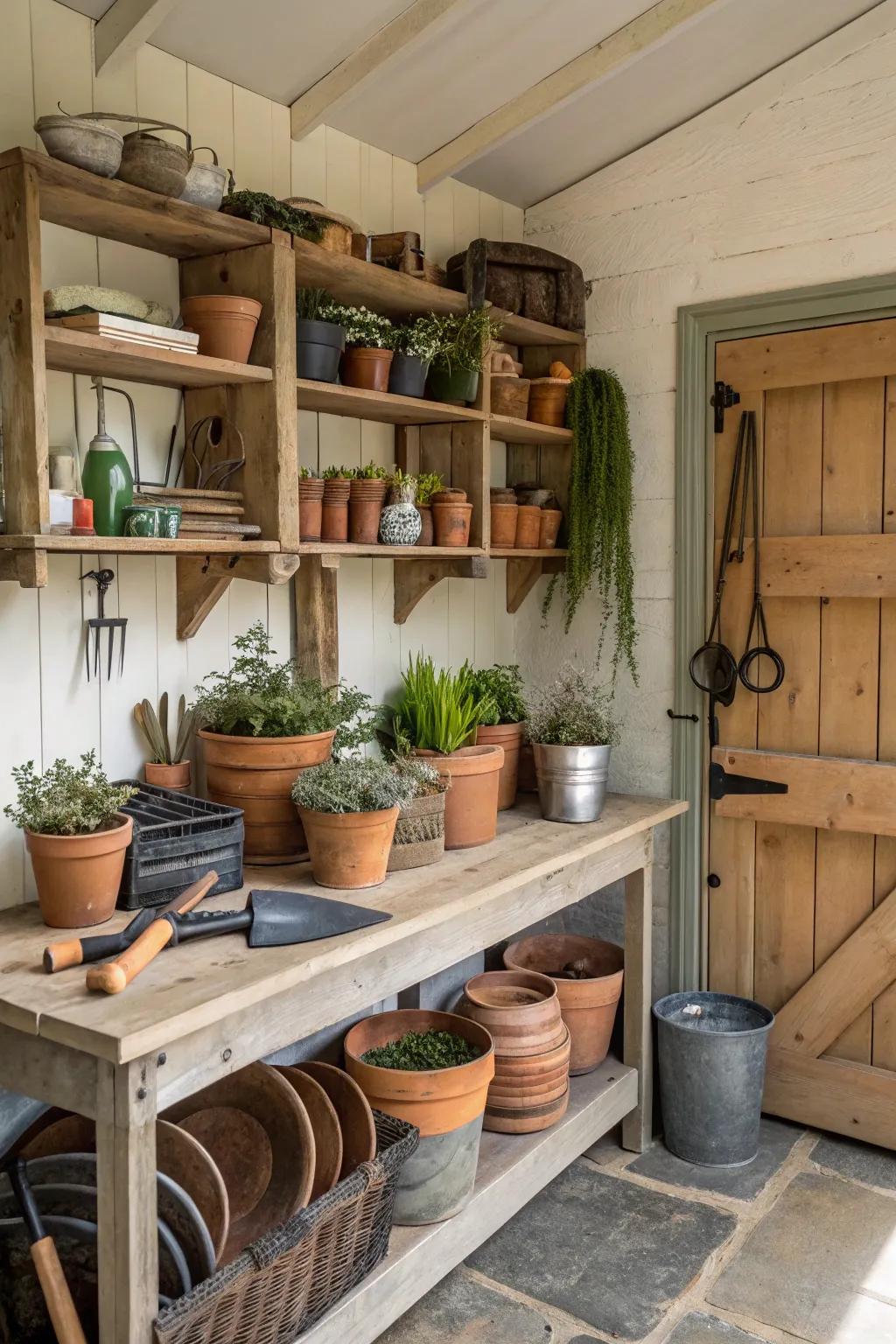 A functional workspace designed for gardening tasks in the potting shed.