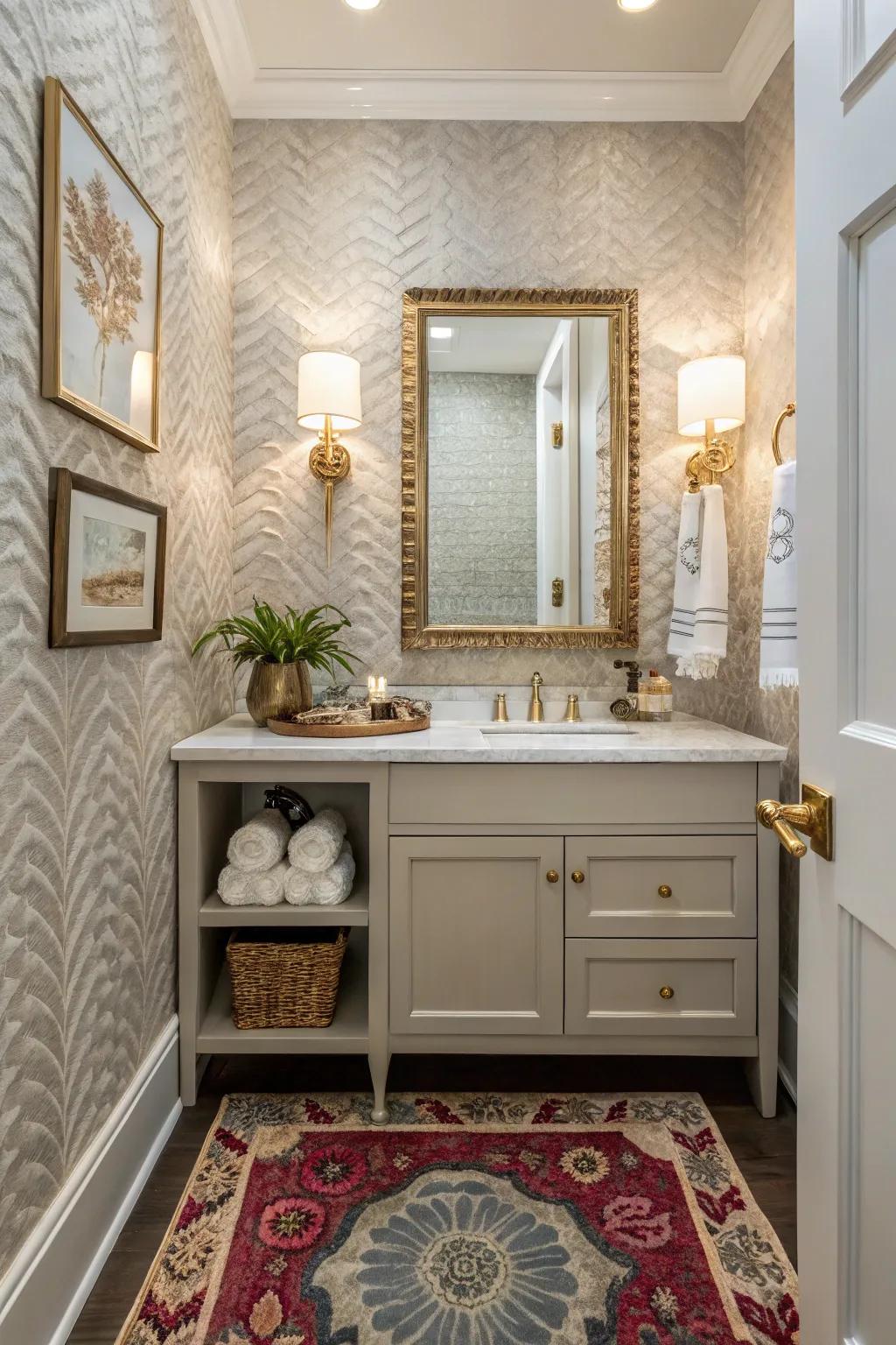 A blend of textures in wall covering adds dimension and visual interest.