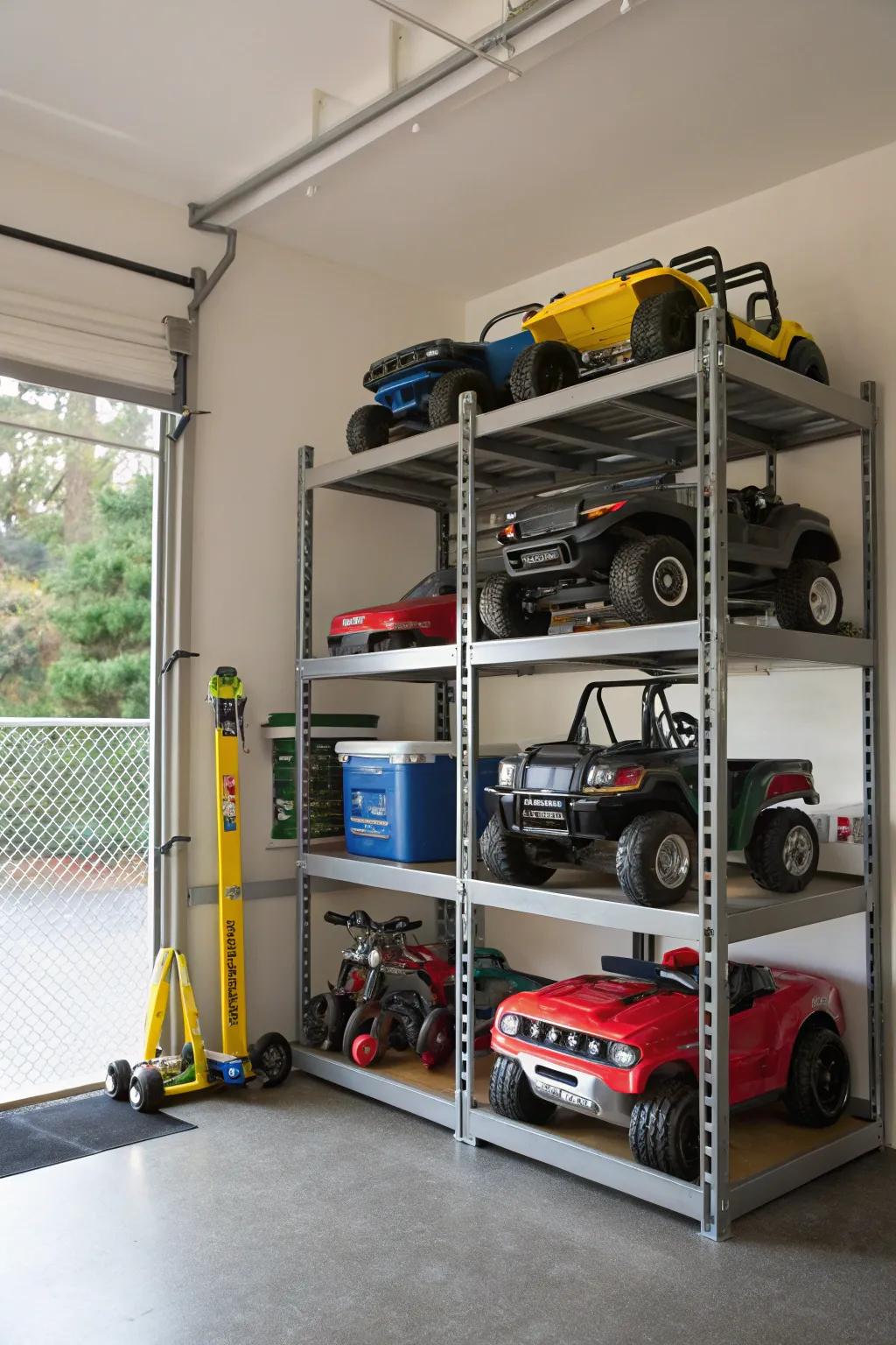 Multi-tier racks maximizing vertical storage for motorized toy vehicles.