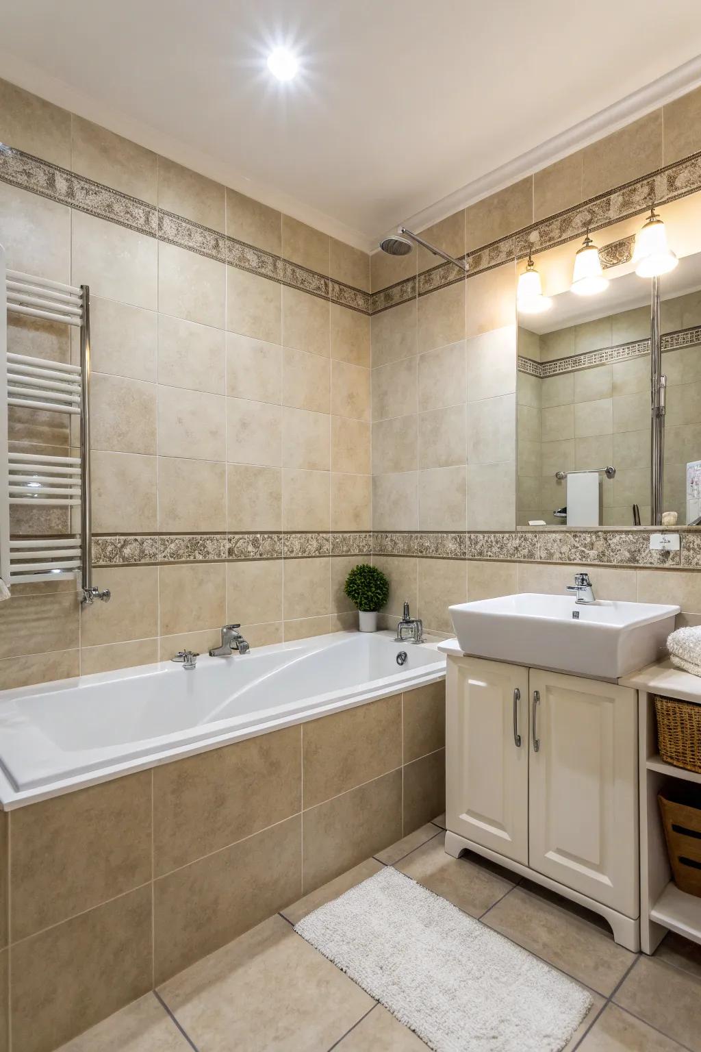 Muted shades deliver a soothing and ageless bathroom setting.