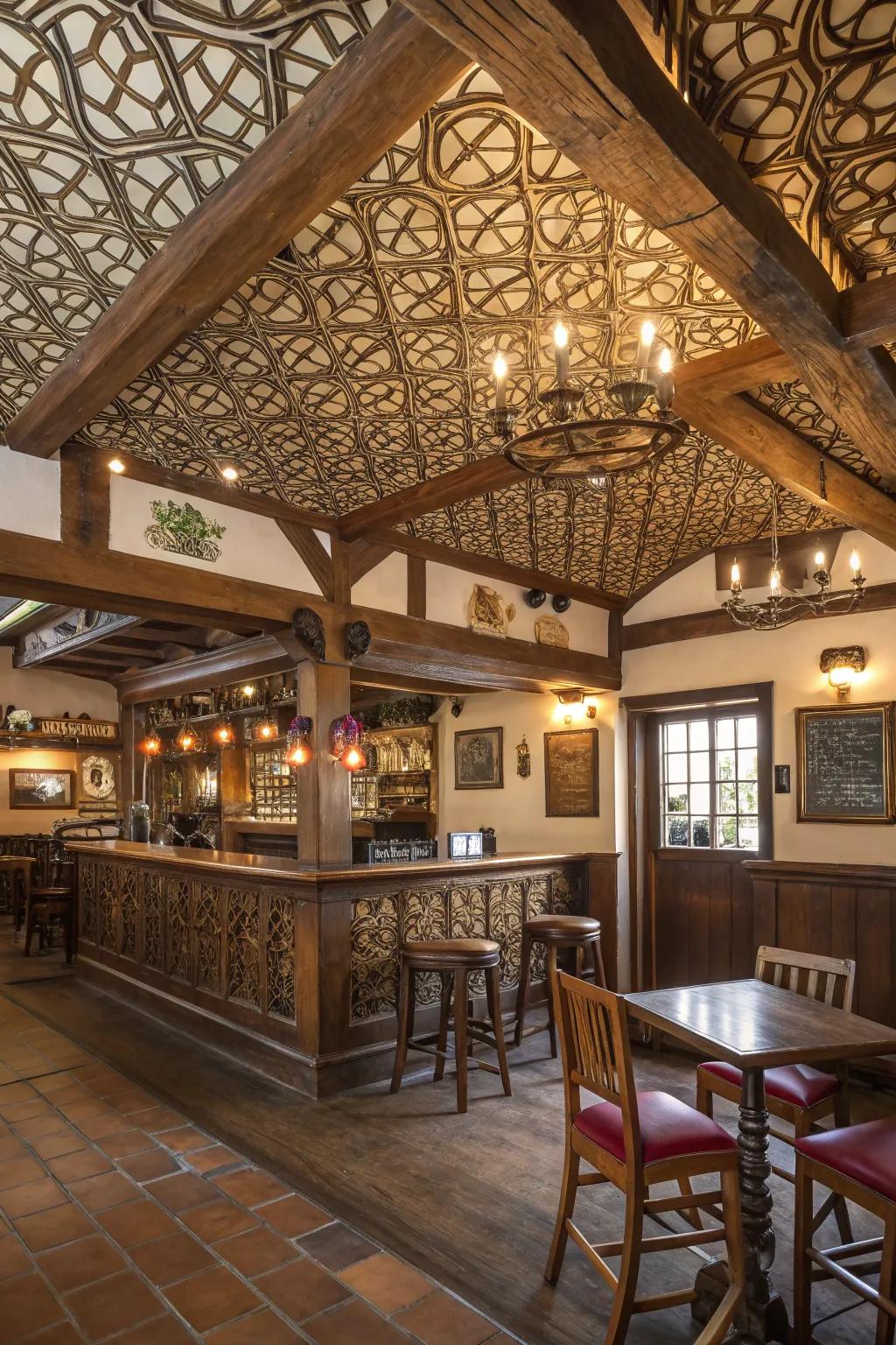 A decorative ceiling contributes architectural intrigue and charm.