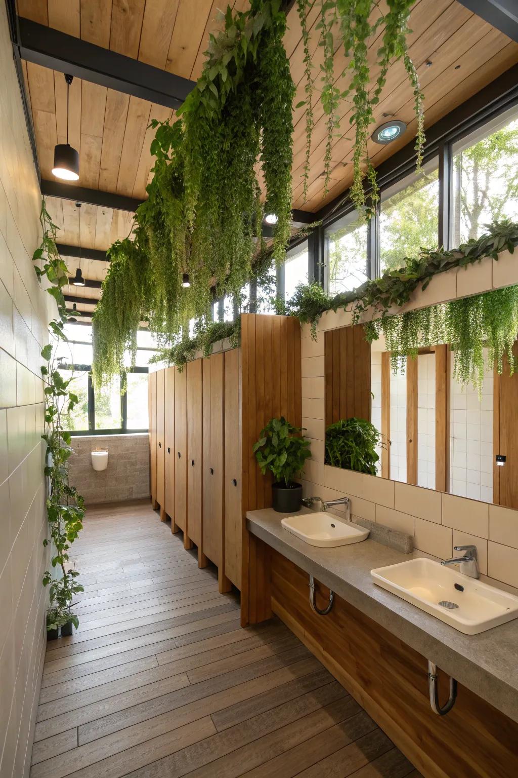 Natural aspects add a revitalizing and calming touch to public restrooms.