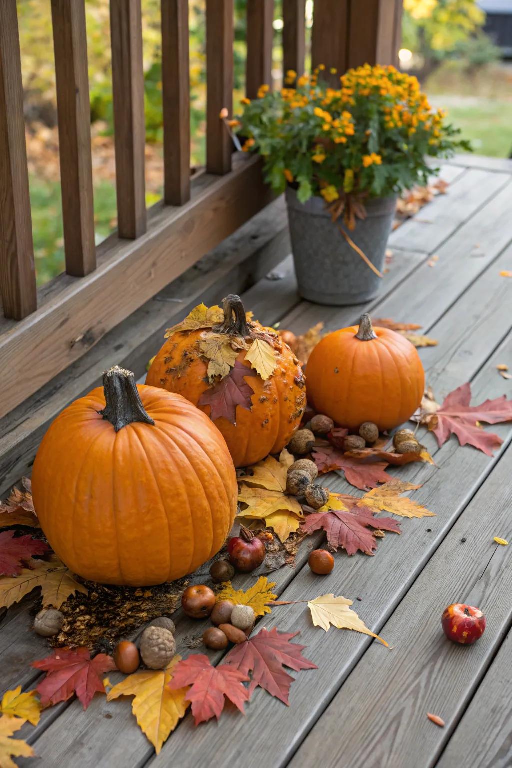 Pumpkins inspired by nature, embellished with foliage and nuts.