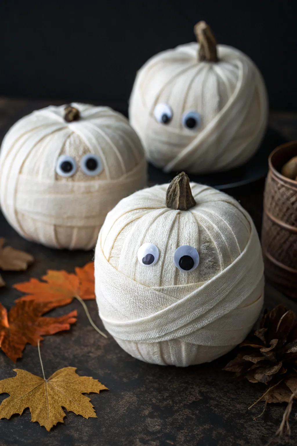 Mummy pumpkins deliver a delightful, effortless embellishing alternative.