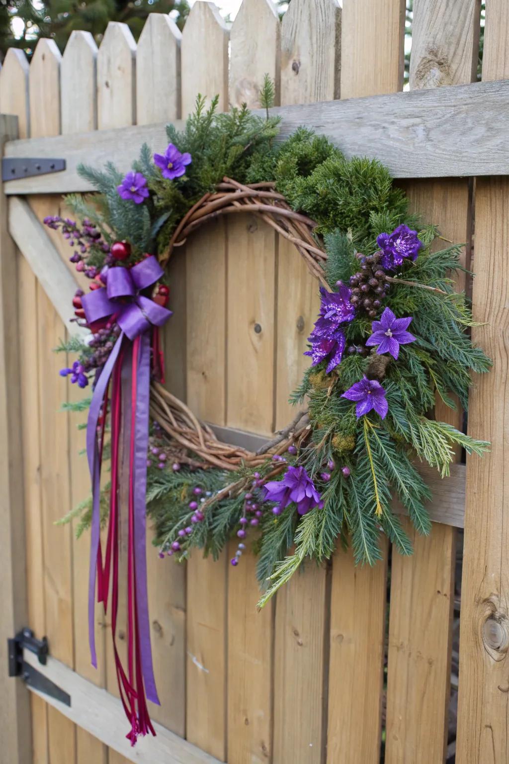 Grapevine and purple create a rustic chic look.