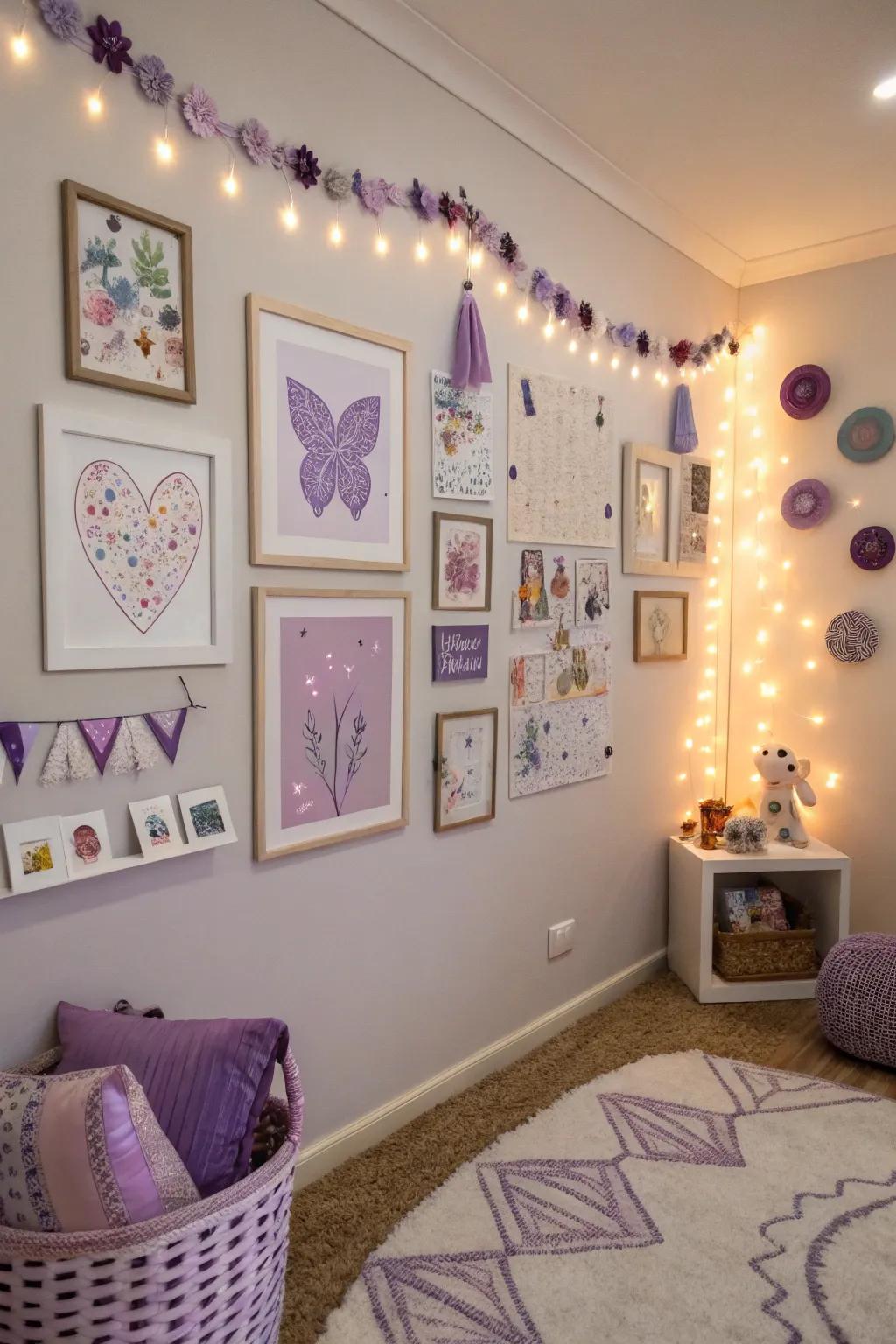 Violet-inspired wall decor imparts individuality to the space.