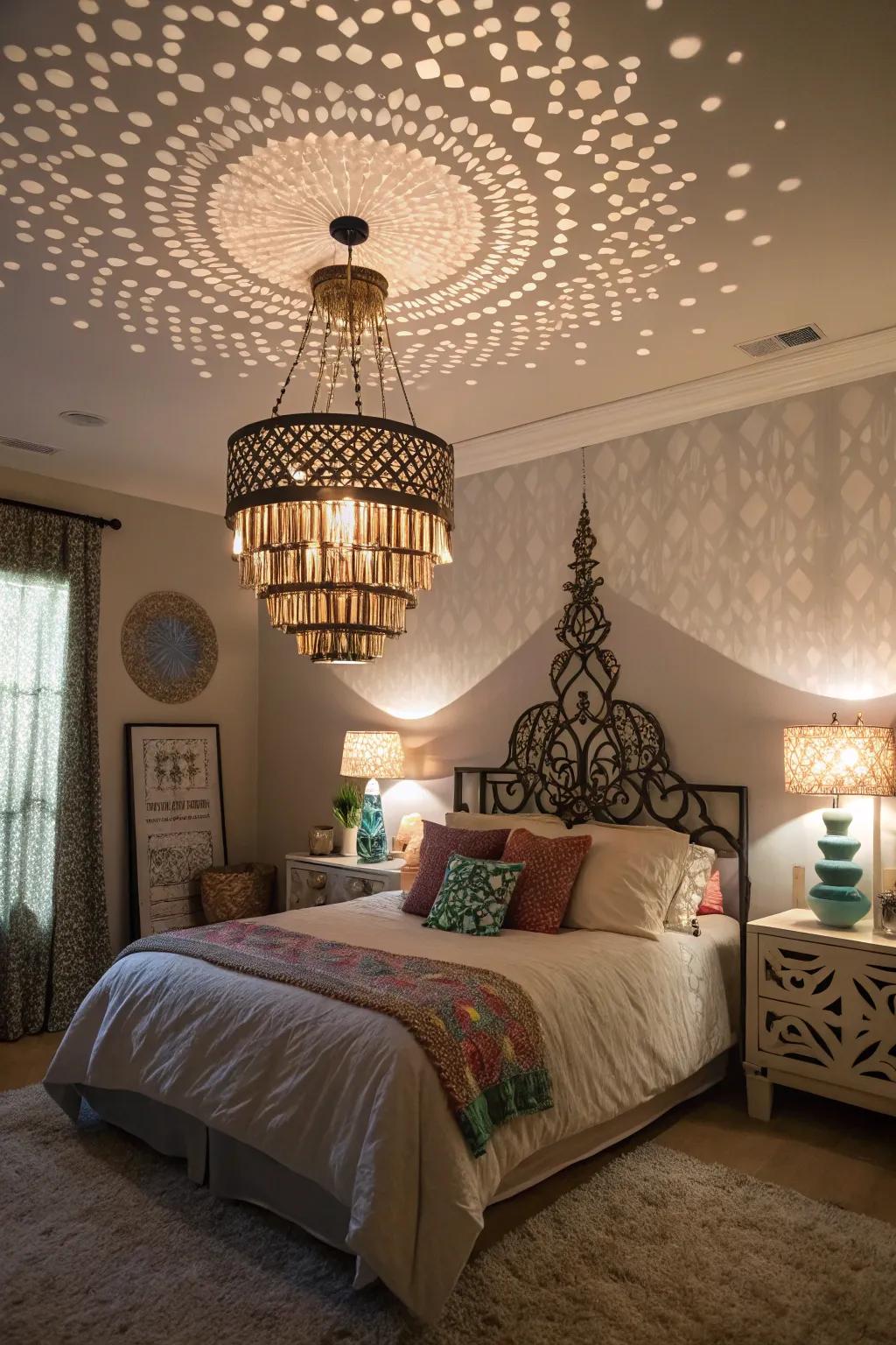 Distinctive lighting features introducing charm to a bedroom.