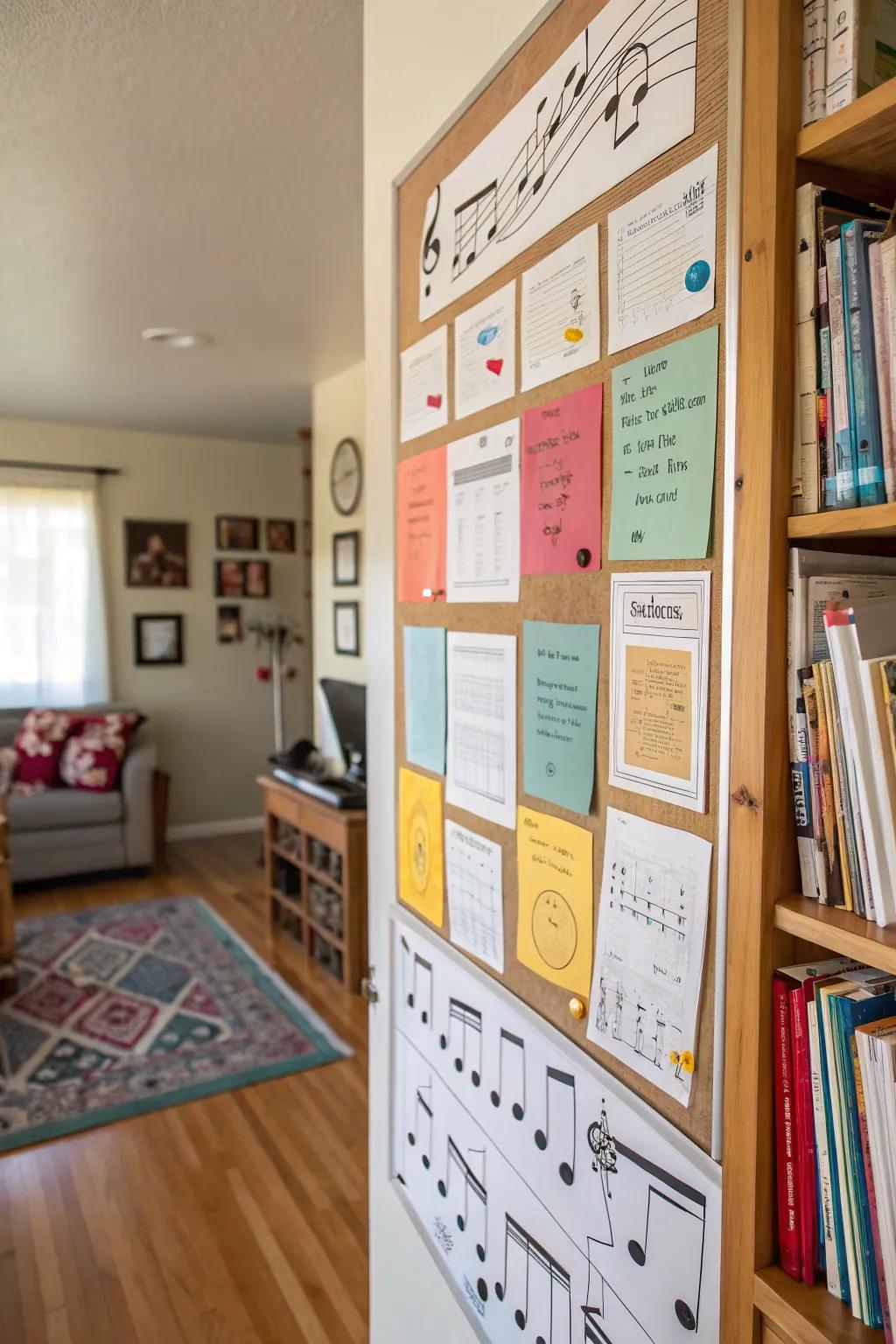 A music-themed pin board suggesting playlists to improve concentration.