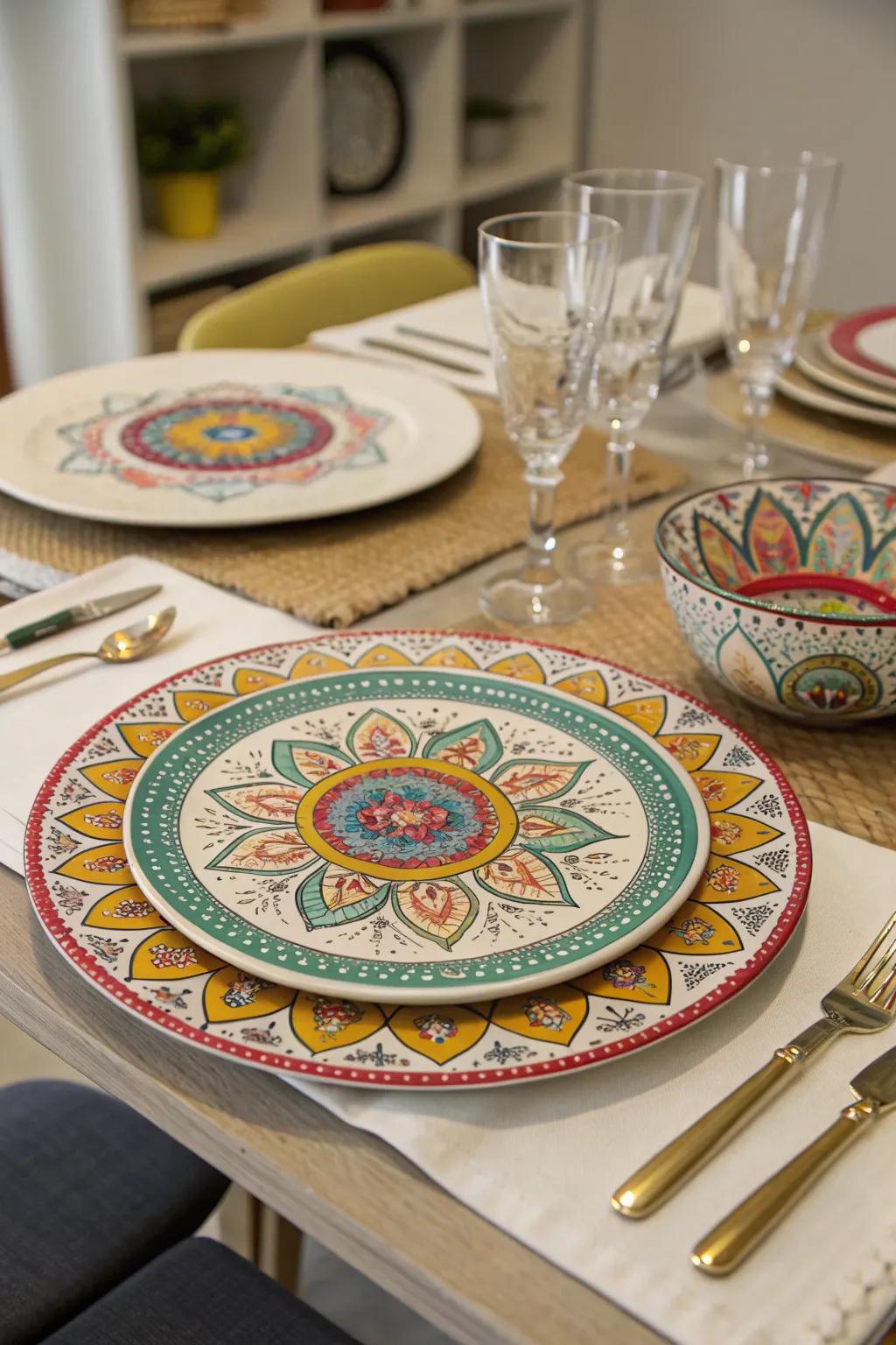 A table arrangement exhibiting plates and tableware inspired by mandala designs.