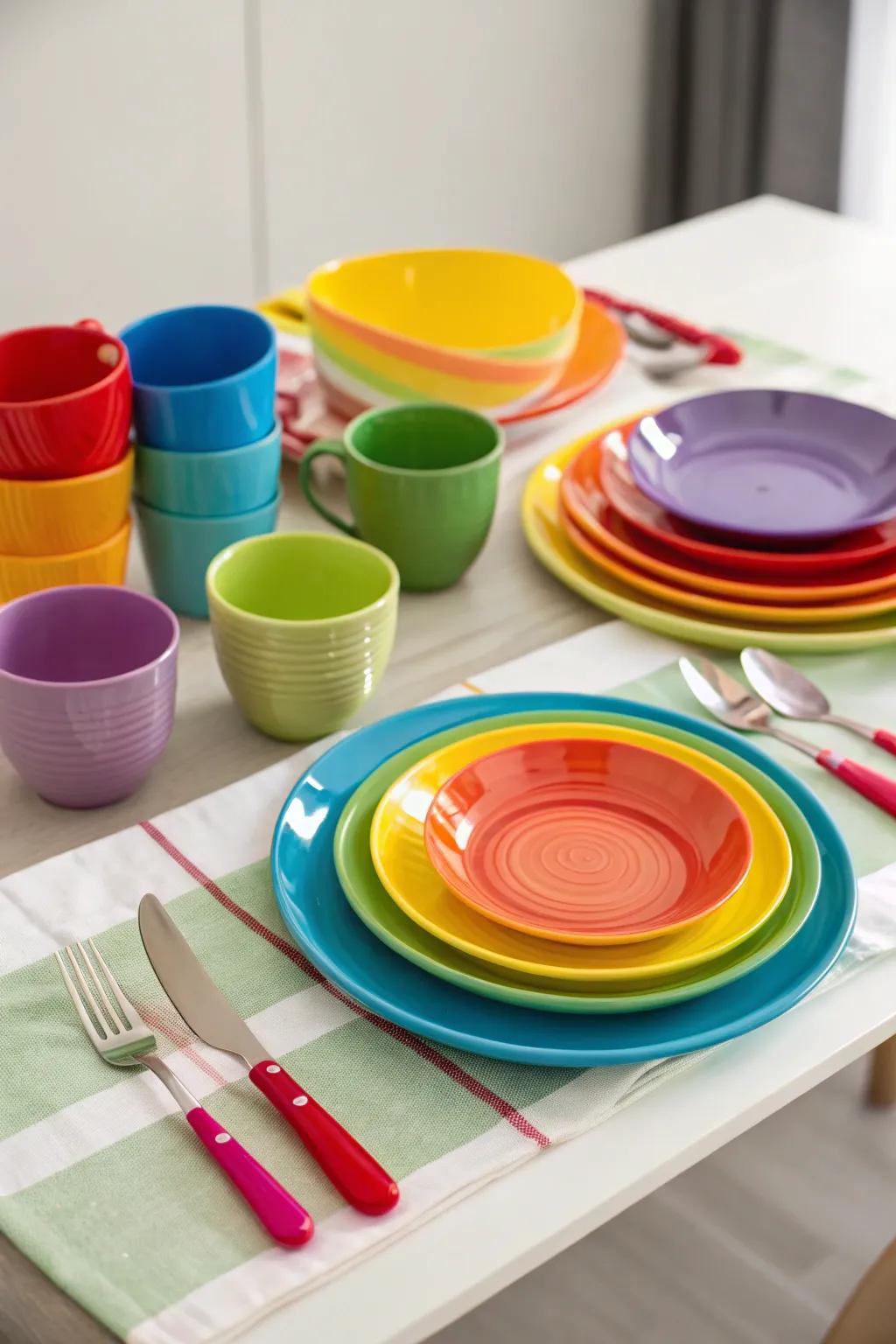 A festive table arrangement showcasing eating utensils in spectrum shades.