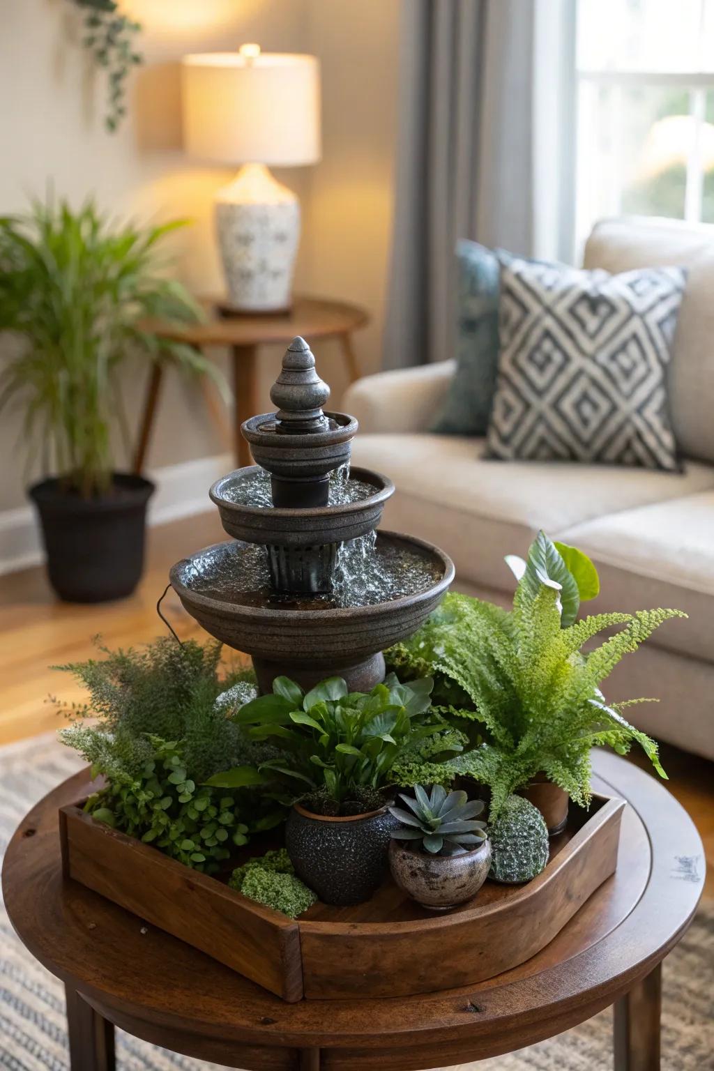 Incorporate a hydrological element to achieve a soothing rainforest atmosphere.